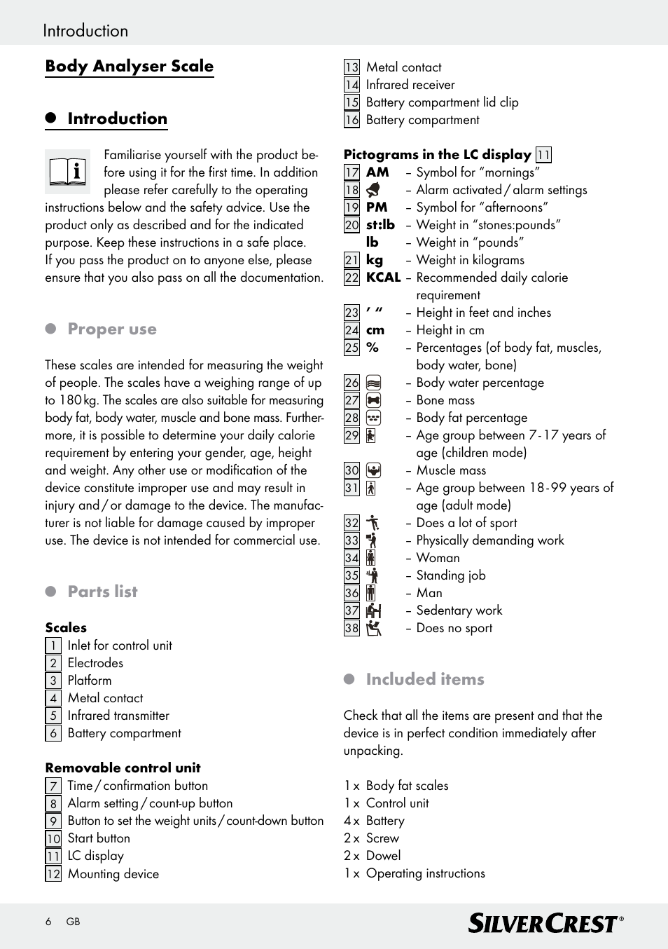 Introduction, Body analyser scale, Proper use | Parts list, Included items | Silvercrest Z28414 User Manual | Page 6 / 66