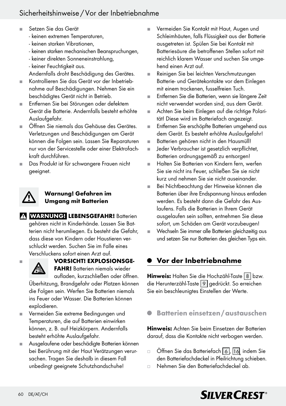 Sicherheitshinweise / vor der inbetriebnahme, Vor der inbetriebnahme, Batterien einsetzen / austauschen | Silvercrest Z28414 User Manual | Page 60 / 66