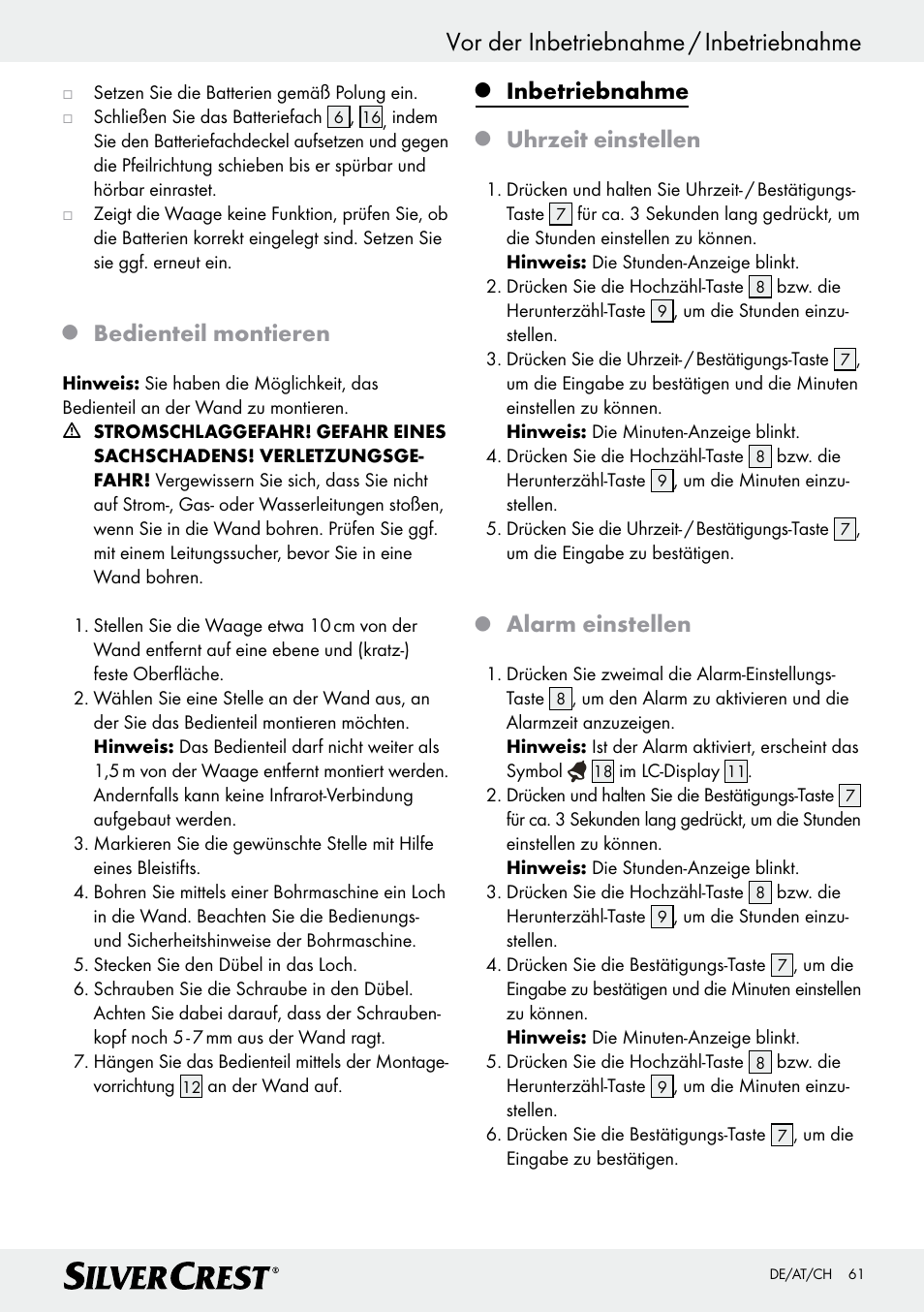 Vor der inbetriebnahme / inbetriebnahme, Bedienteil montieren, Inbetriebnahme | Uhrzeit einstellen, Alarm einstellen | Silvercrest Z28414 User Manual | Page 61 / 66