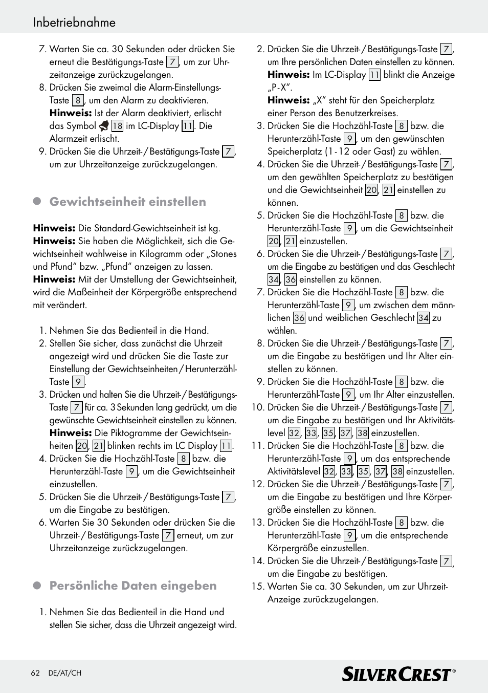 Inbetriebnahme, Gewichtseinheit einstellen, Persönliche daten eingeben | Silvercrest Z28414 User Manual | Page 62 / 66