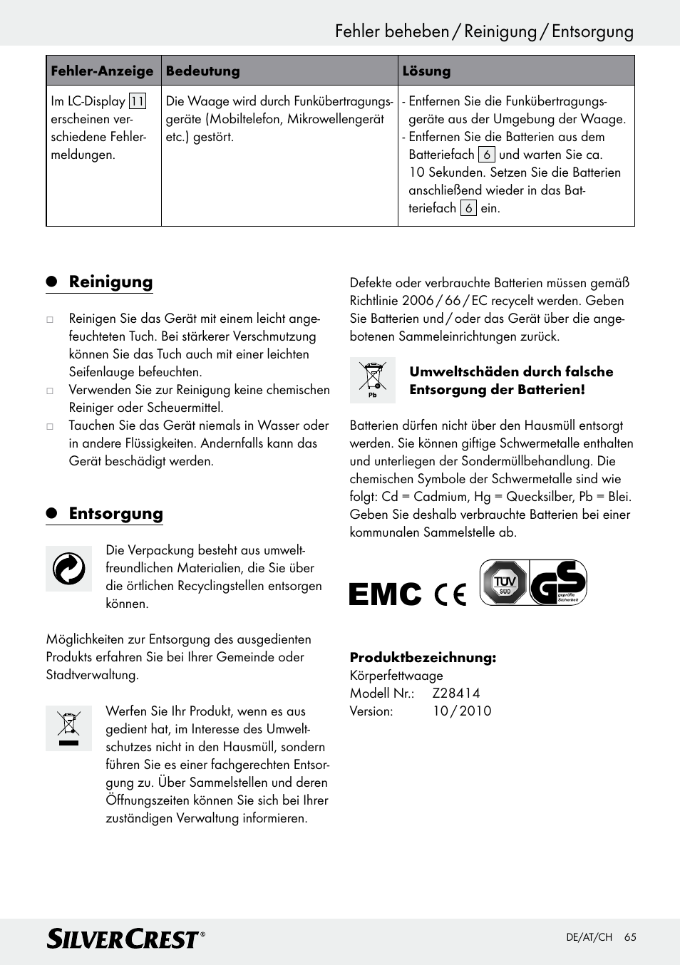 Fehler beheben / reinigung / entsorgung, Reinigung, Entsorgung | Silvercrest Z28414 User Manual | Page 65 / 66
