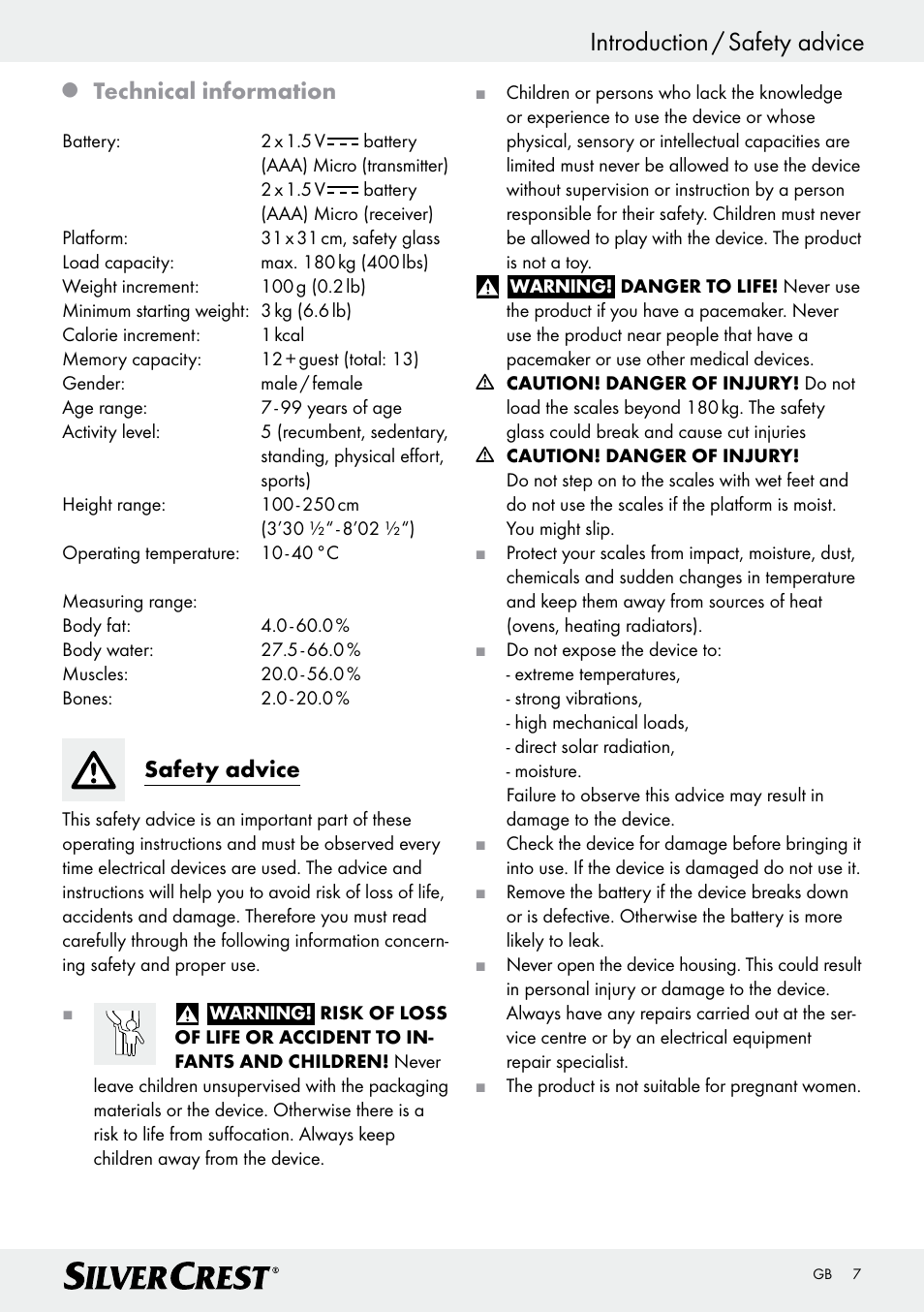 Introduction / safety advice, Technical information, Safety advice | Silvercrest Z28414 User Manual | Page 7 / 66