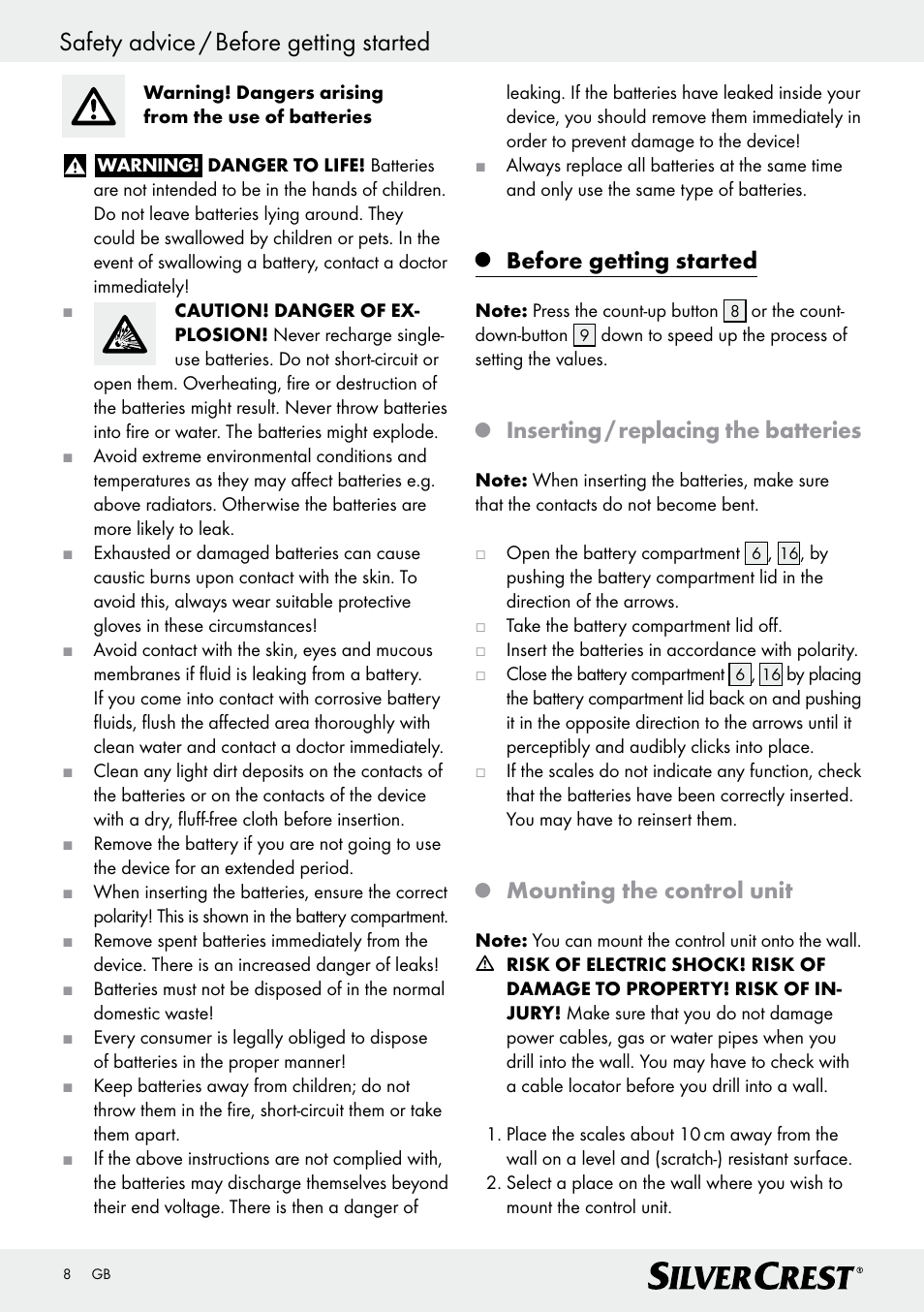 Safety advice / before getting started, Before getting started, Inserting / replacing the batteries | Mounting the control unit | Silvercrest Z28414 User Manual | Page 8 / 66