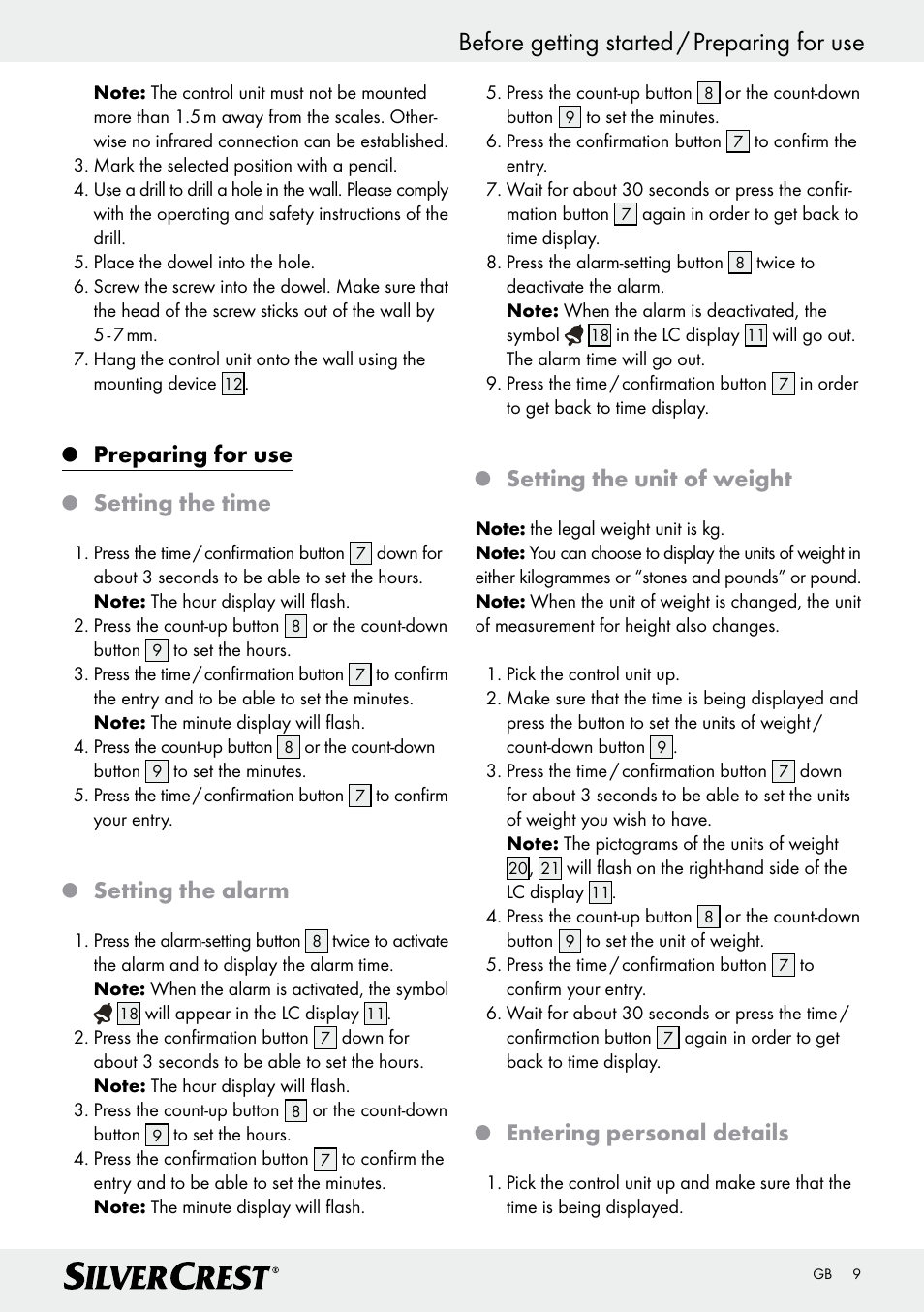 Before getting started / preparing for use, Preparing for use, Setting the time | Setting the alarm, Setting the unit of weight, Entering personal details | Silvercrest Z28414 User Manual | Page 9 / 66