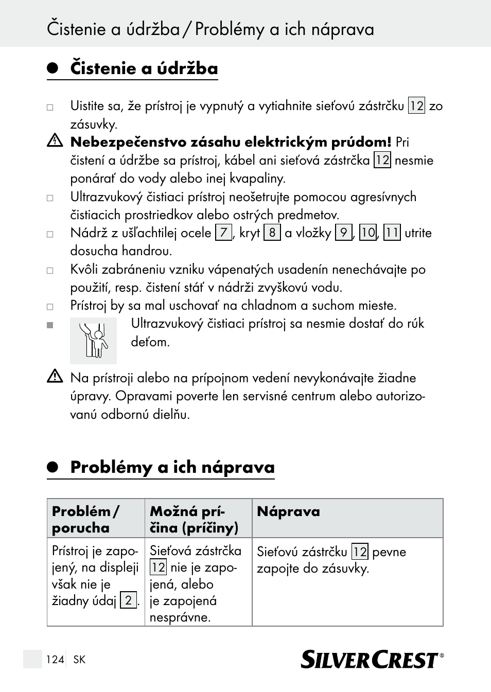 Čistenie a údržba / problémy a ich náprava, Čistenie a údržba, Problémy a ich náprava | Silvercrest SUR 46 A1 User Manual | Page 124 / 149