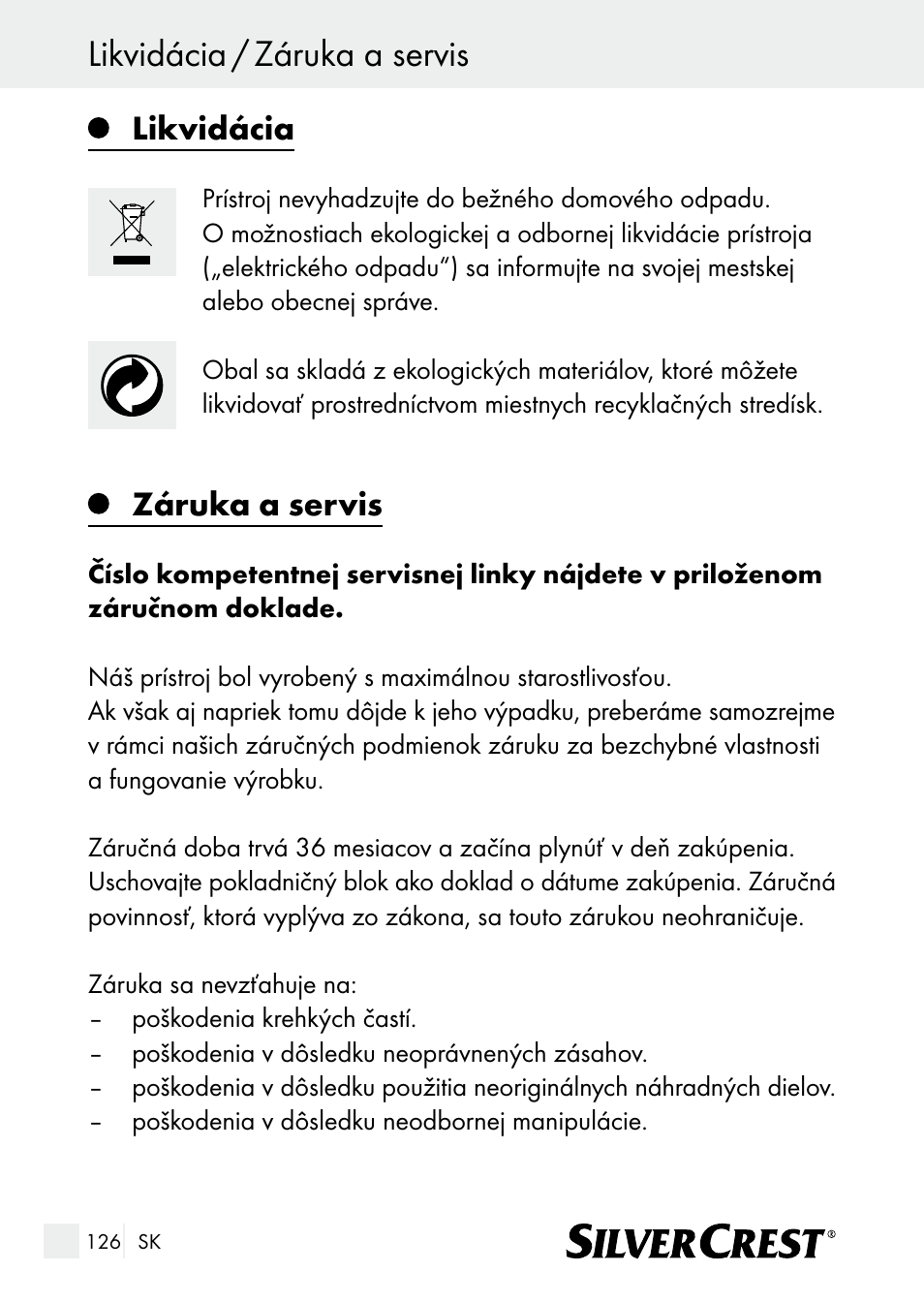 Likvidácia / záruka a servis, Likvidácia, Záruka a servis | Silvercrest SUR 46 A1 User Manual | Page 126 / 149