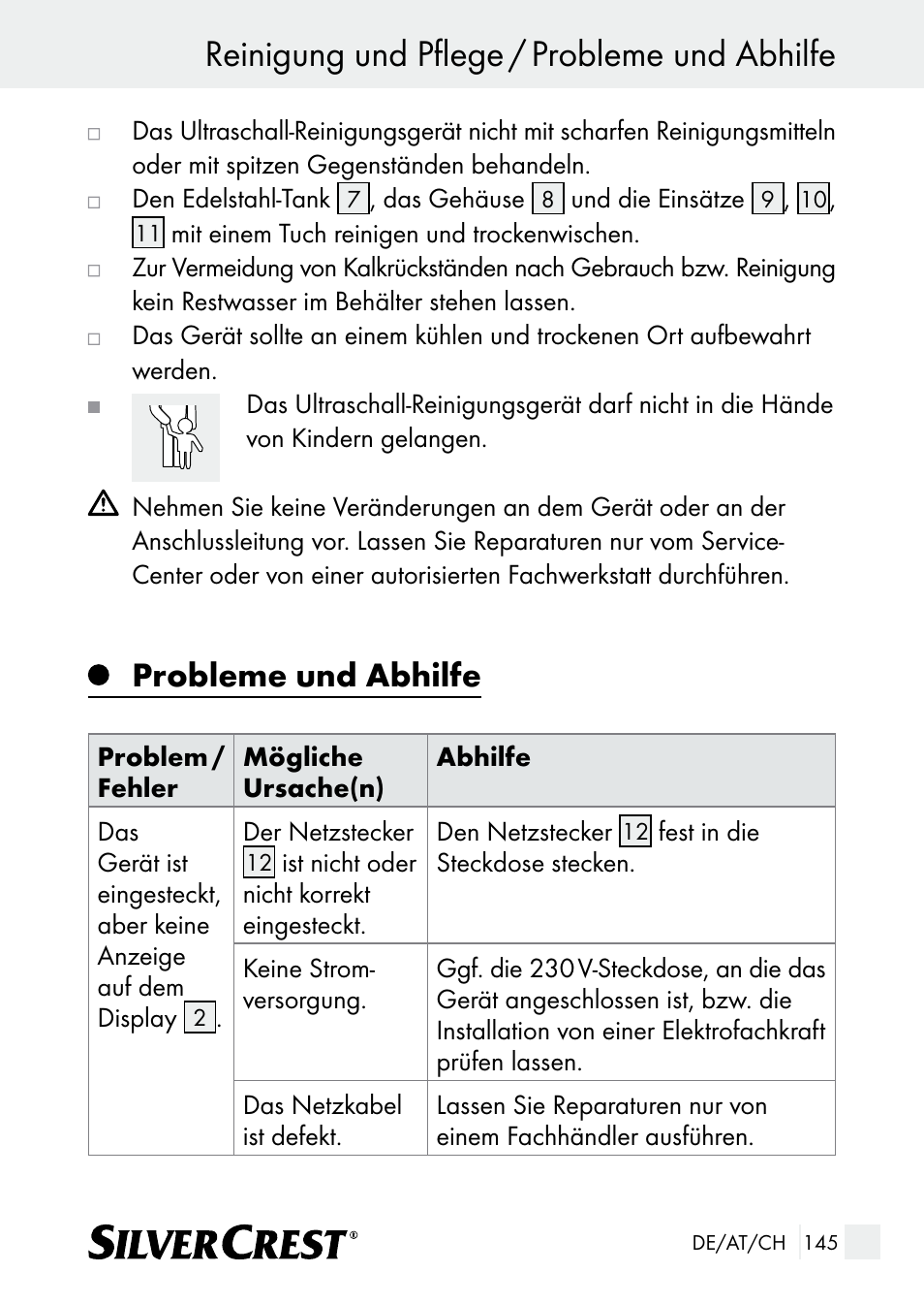 Reinigung und pflege / probleme und abhilfe, Probleme und abhilfe | Silvercrest SUR 46 A1 User Manual | Page 145 / 149