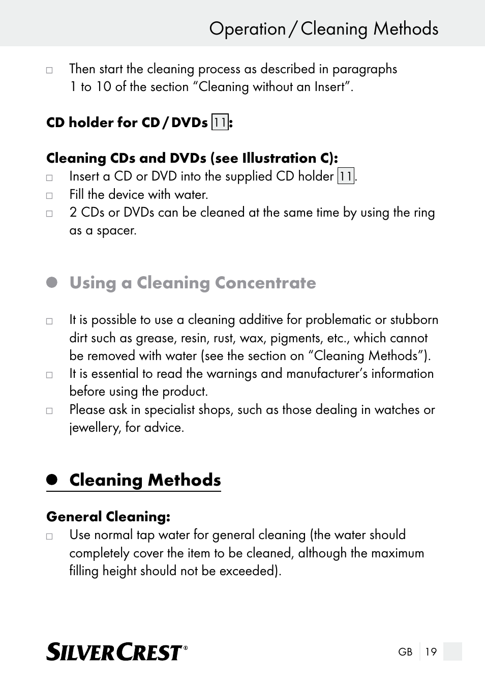 Operation / cleaning methods, Using a cleaning concentrate, Cleaning methods | Silvercrest SUR 46 A1 User Manual | Page 19 / 149