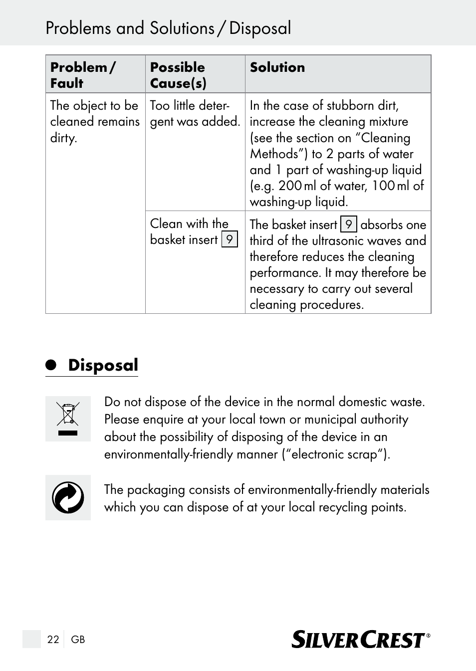 Problems and solutions / disposal, Disposal | Silvercrest SUR 46 A1 User Manual | Page 22 / 149