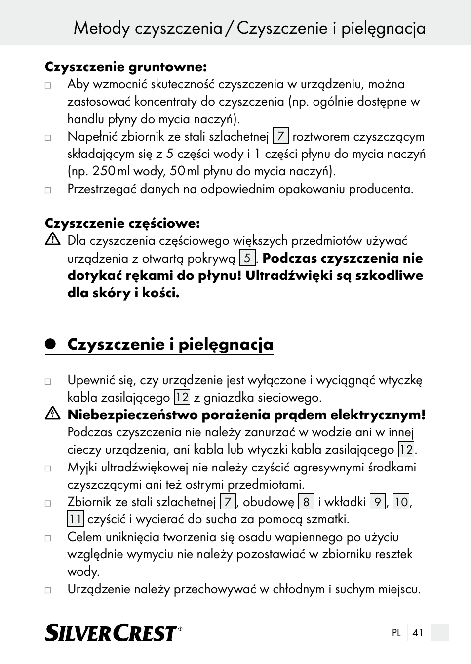 Metody czyszczenia / czyszczenie i pielęgnacja, Czyszczenie i pielęgnacja | Silvercrest SUR 46 A1 User Manual | Page 41 / 149