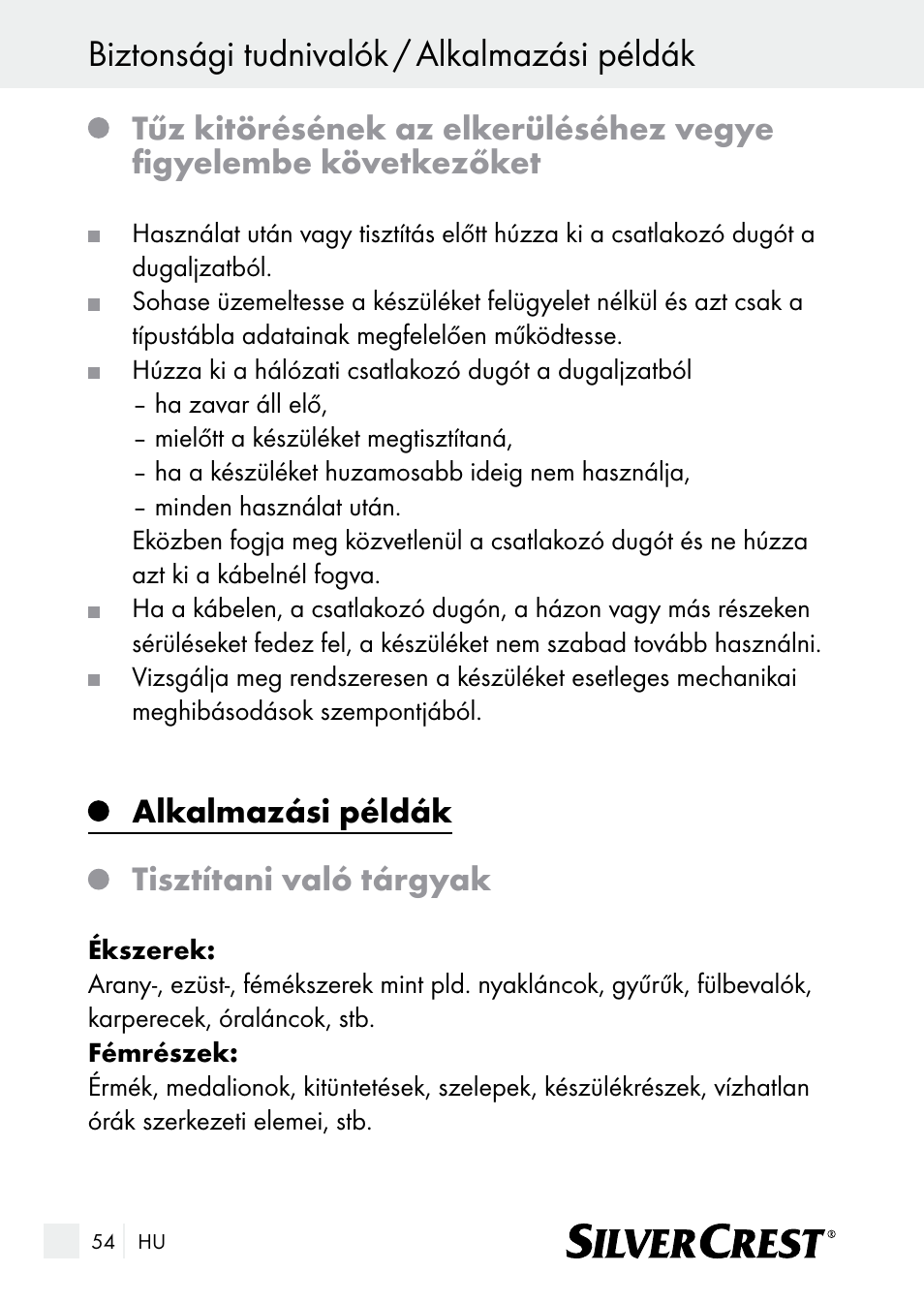 Biztonsági tudnivalók / alkalmazási példák, Alkalmazási példák tisztítani való tárgyak | Silvercrest SUR 46 A1 User Manual | Page 54 / 149