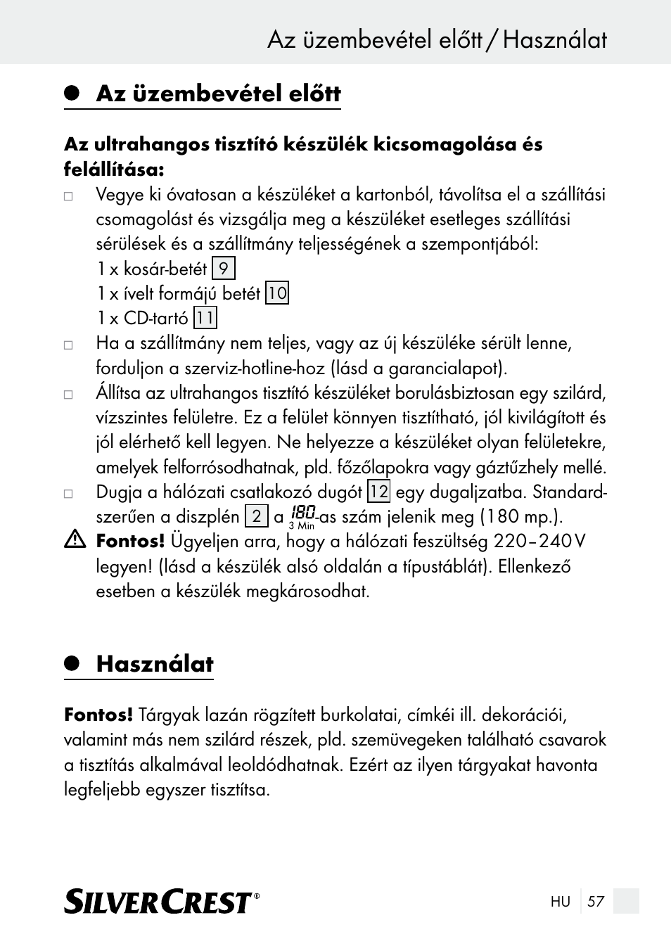 Az üzembevétel előtt / használat, Az üzembevétel előtt, Használat | Silvercrest SUR 46 A1 User Manual | Page 57 / 149