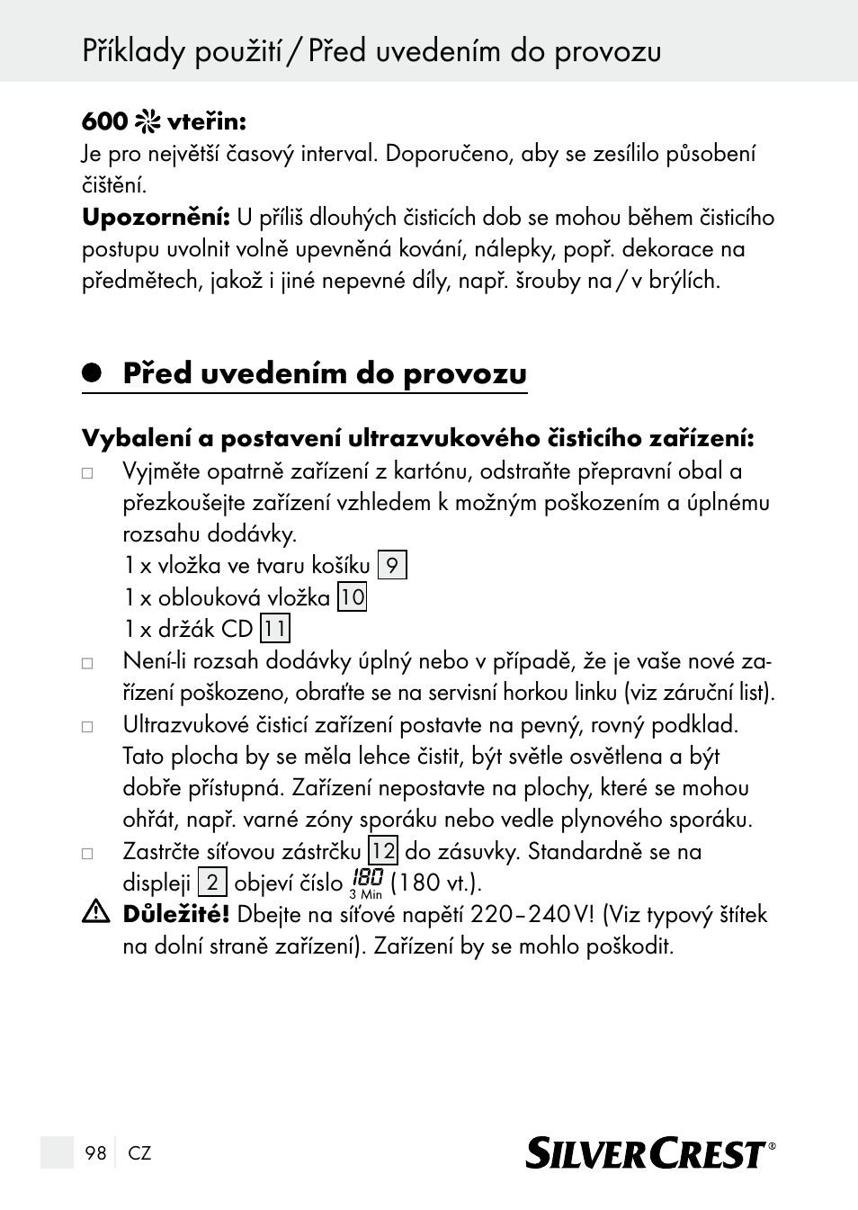 Příklady použití / před uvedením do provozu, Před uvedením do provozu | Silvercrest SUR 46 A1 User Manual | Page 98 / 149