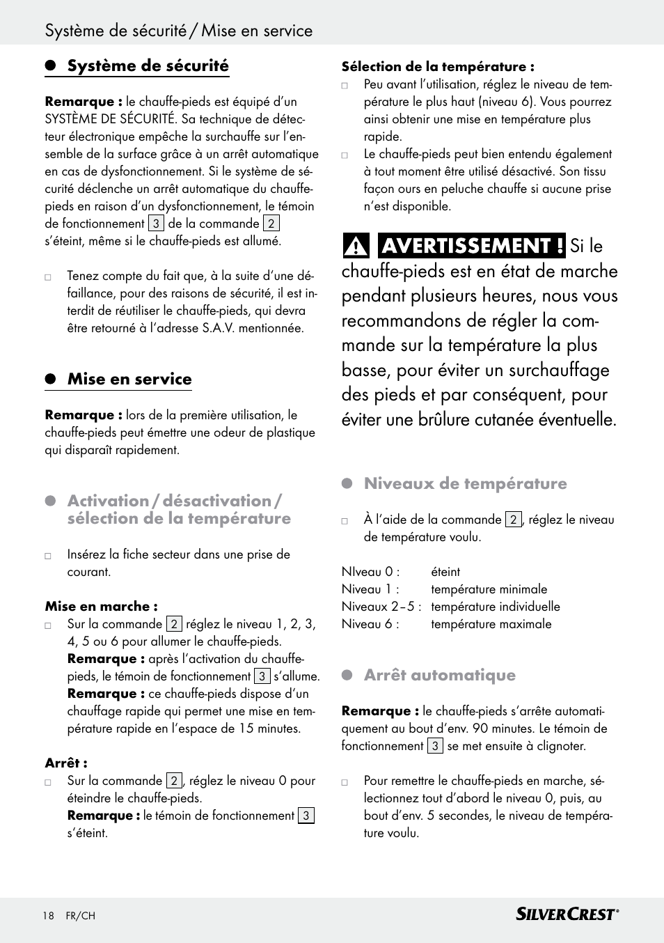 Système de sécurité / mise en service, Système de sécurité, Mise en service | Niveaux de température, Arrêt automatique | Silvercrest SFW 100 B2 User Manual | Page 18 / 37