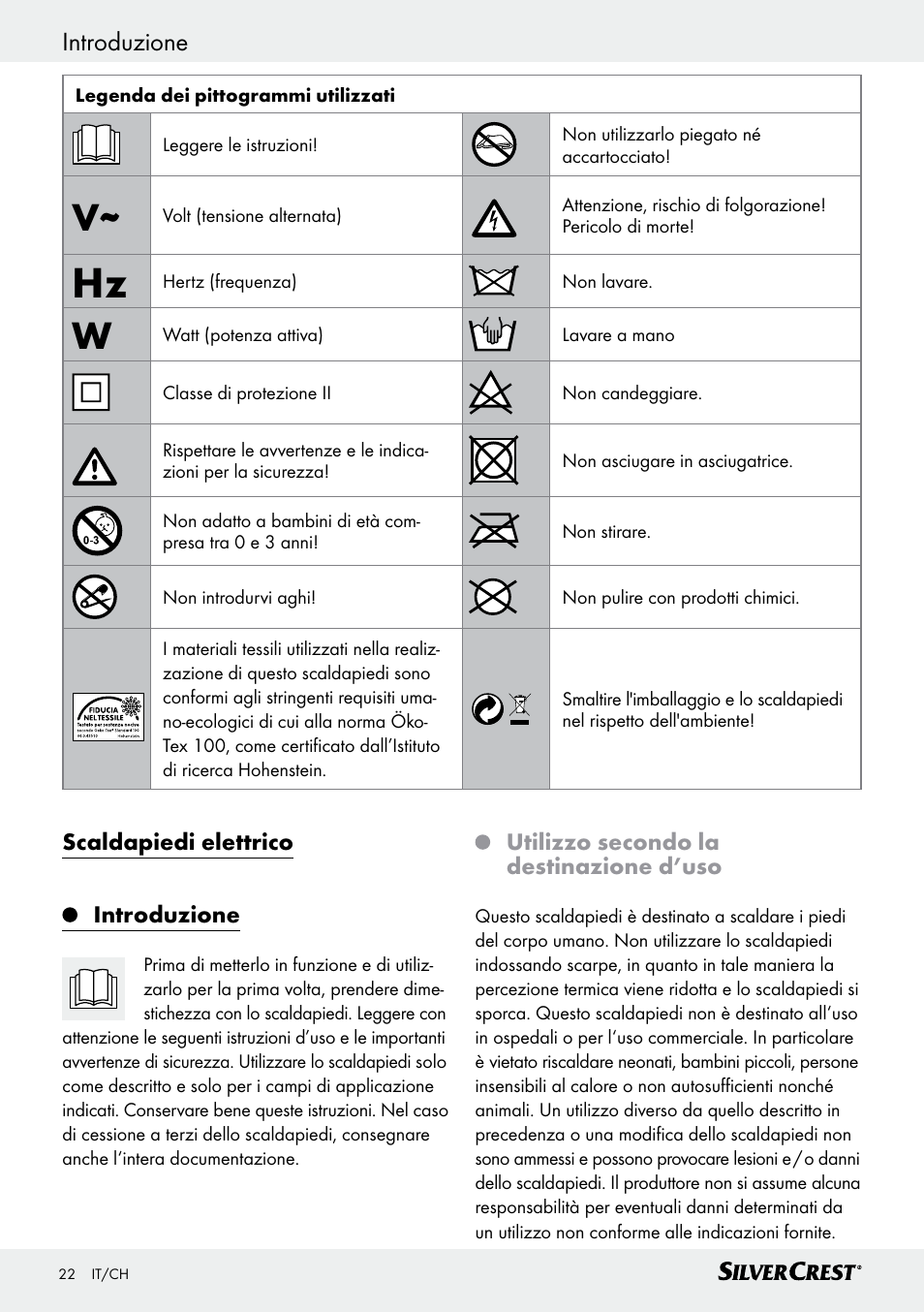 Introduzione, Introduzione / importanti avvertenze di sicurezza | Silvercrest SFW 100 B2 User Manual | Page 22 / 37