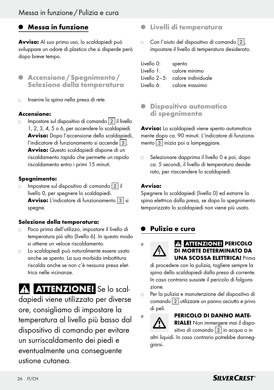 Messa in funzione / pulizia e cura, Messa in funzione, Livelli di temperatura | Dispositivo automatico di spegnimento, Pulizia e cura | Silvercrest SFW 100 B2 User Manual | Page 26 / 37