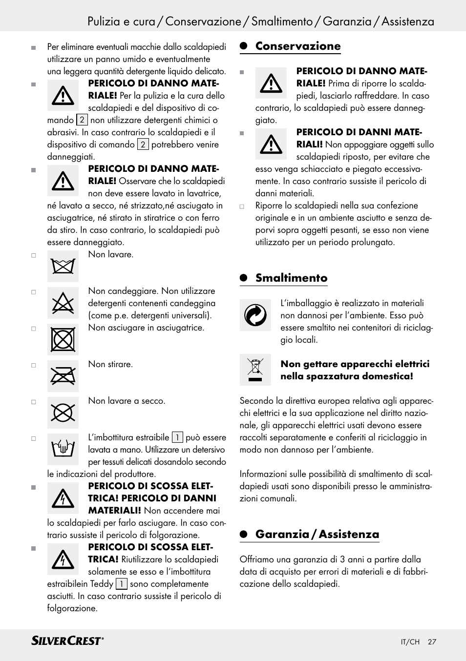 Conservazione, Smaltimento, Garanzia / assistenza | Silvercrest SFW 100 B2 User Manual | Page 27 / 37