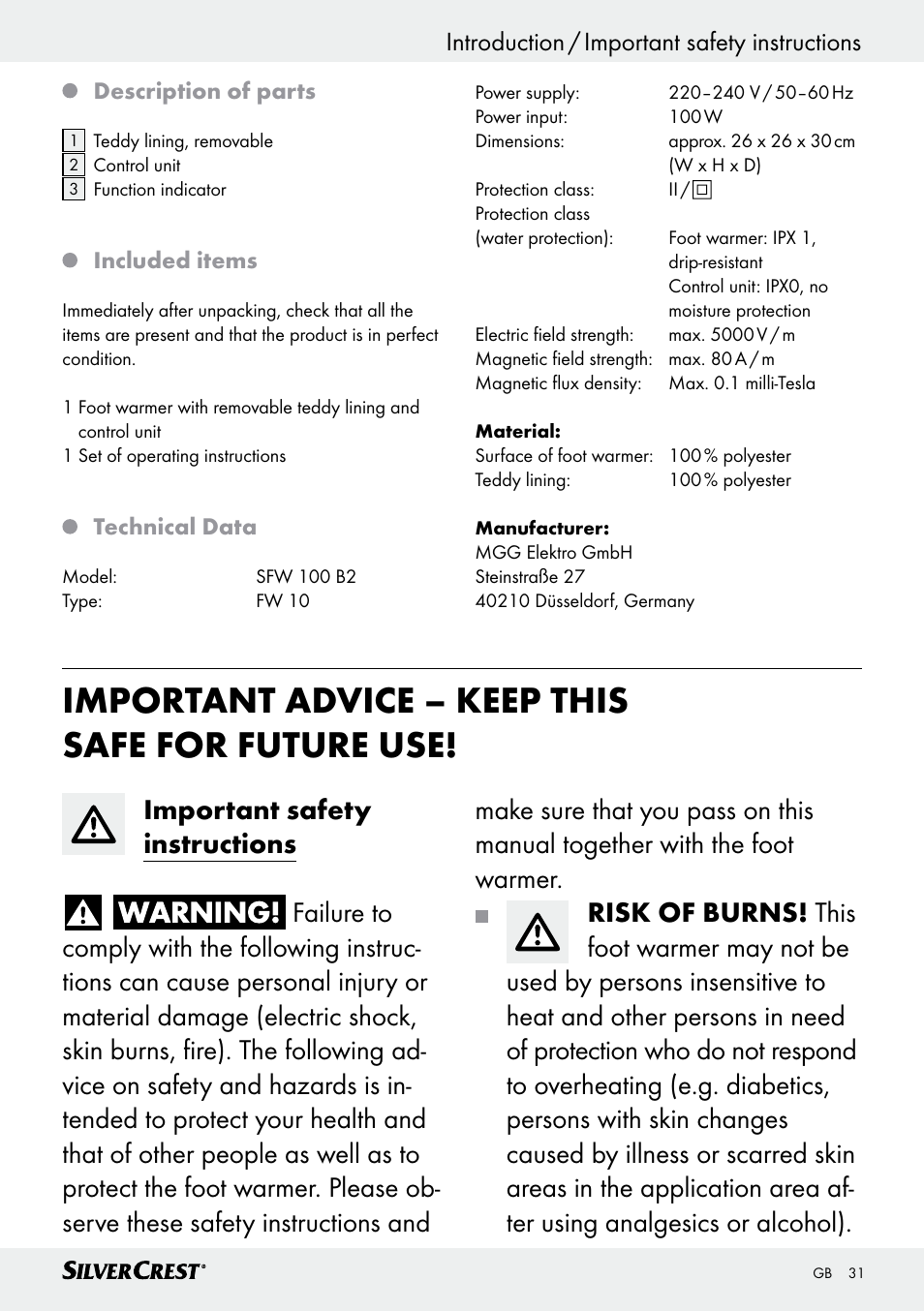 Important advice – keep this safe for future use | Silvercrest SFW 100 B2 User Manual | Page 31 / 37