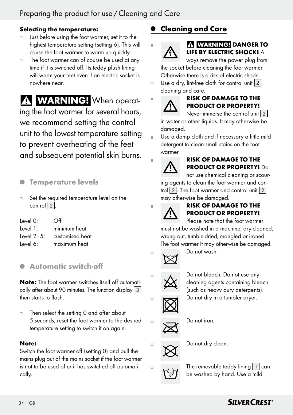 Preparing the product for use / cleaning and care, Temperature levels, Automatic switch-off | Cleaning and care | Silvercrest SFW 100 B2 User Manual | Page 34 / 37