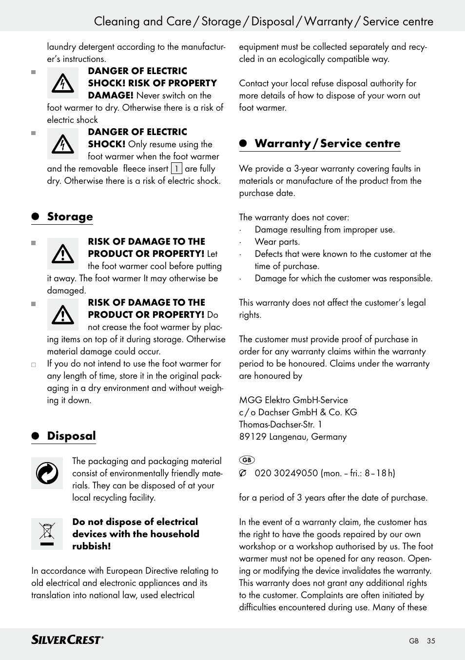 Storage, Disposal, Warranty / service centre | Silvercrest SFW 100 B2 User Manual | Page 35 / 37