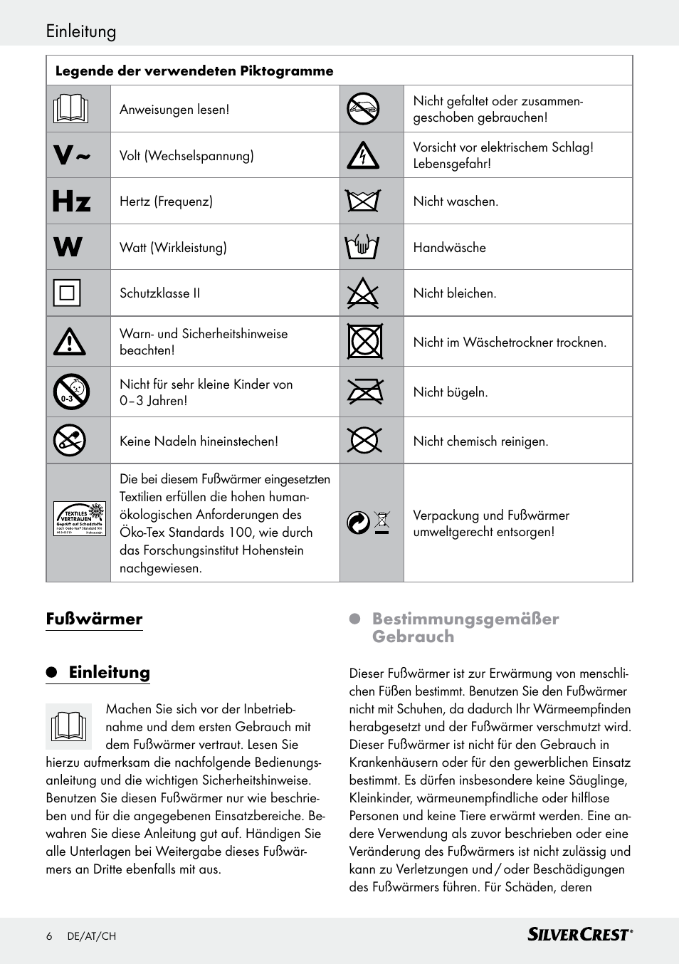 Fußwärmer einleitung, Bestimmungsgemäßer gebrauch | Silvercrest SFW 100 B2 User Manual | Page 6 / 37