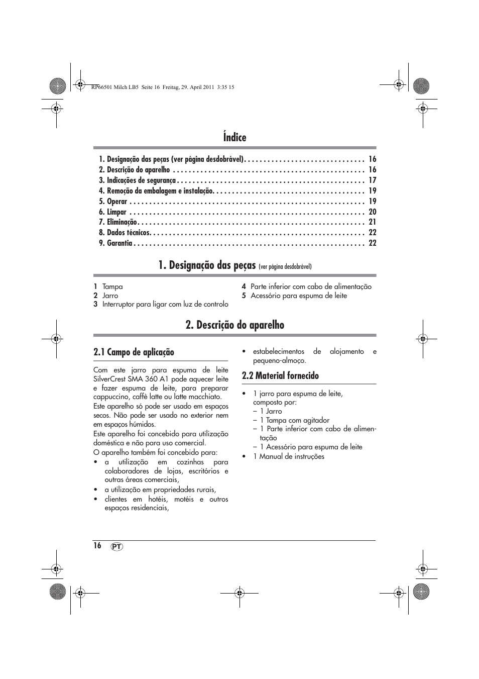 Índice, Designação das peças, Descrição do aparelho | 1 campo de aplicação, 2 material fornecido | Silvercrest SMA 360 A1 User Manual | Page 18 / 38