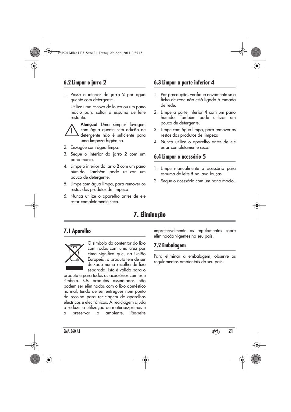 Eliminação, 2 limpar o jarro 2, 3 limpar a parte inferior 4 | 4 limpar o acessório 5, 1 aparelho, 2 embalagem | Silvercrest SMA 360 A1 User Manual | Page 23 / 38