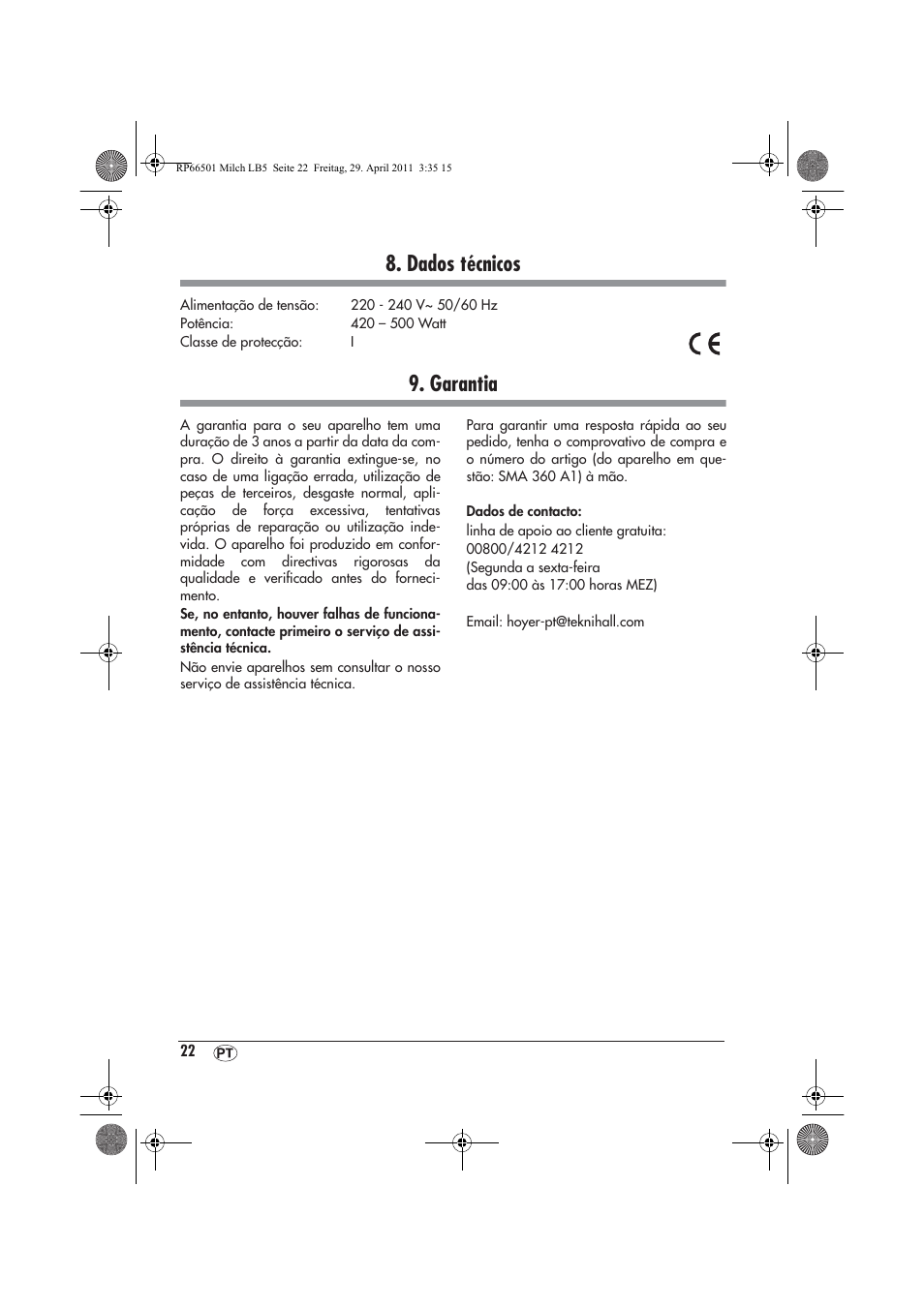 Dados técnicos, Garantia | Silvercrest SMA 360 A1 User Manual | Page 24 / 38