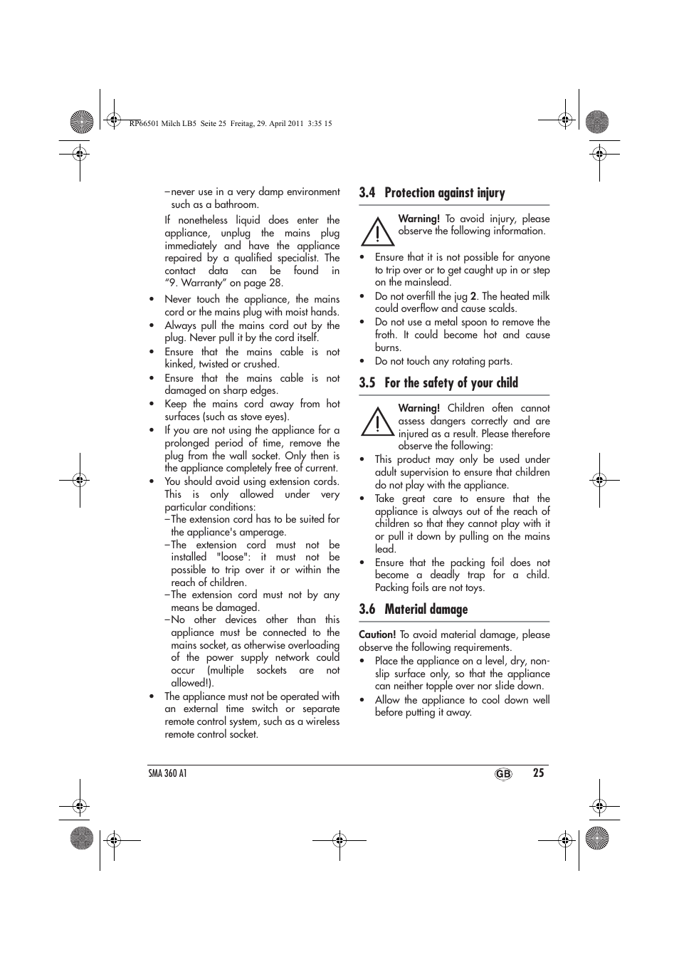 4 protection against injury, 5 for the safety of your child, 6 material damage | Silvercrest SMA 360 A1 User Manual | Page 27 / 38