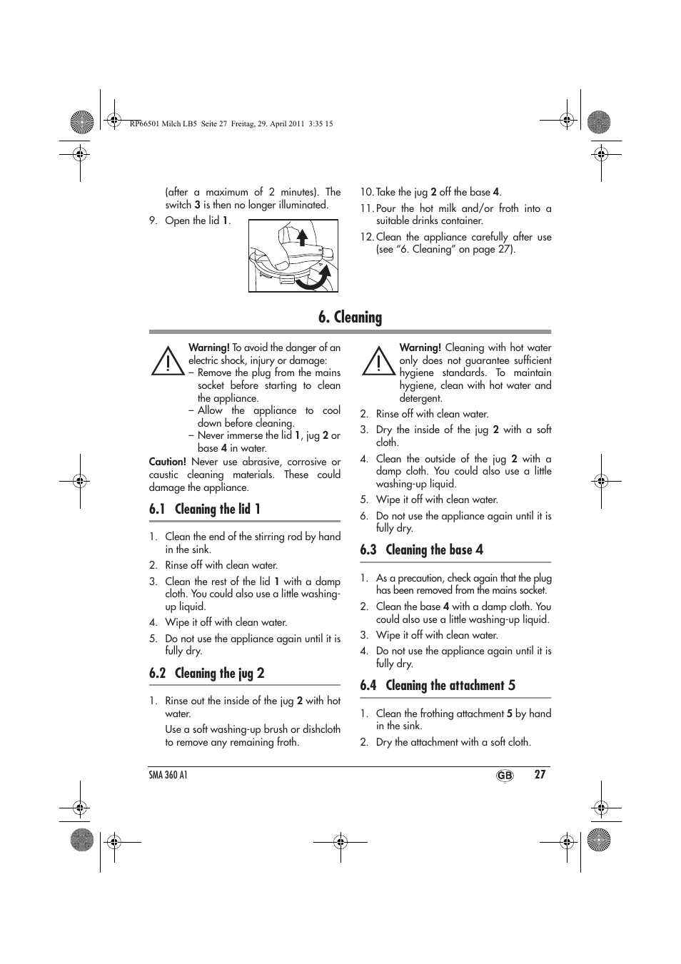 Cleaning, 1 cleaning the lid 1, 2 cleaning the jug 2 | 3 cleaning the base 4, 4 cleaning the attachment 5 | Silvercrest SMA 360 A1 User Manual | Page 29 / 38