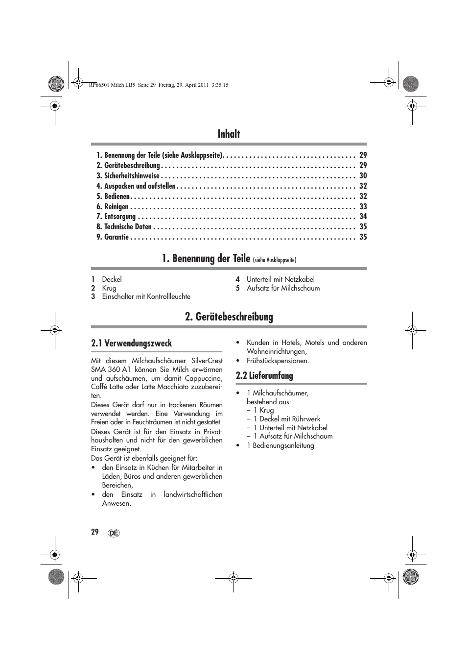 Inhalt, Benennung der teile, Gerätebeschreibung | 1 verwendungszweck, 2 lieferumfang | Silvercrest SMA 360 A1 User Manual | Page 31 / 38
