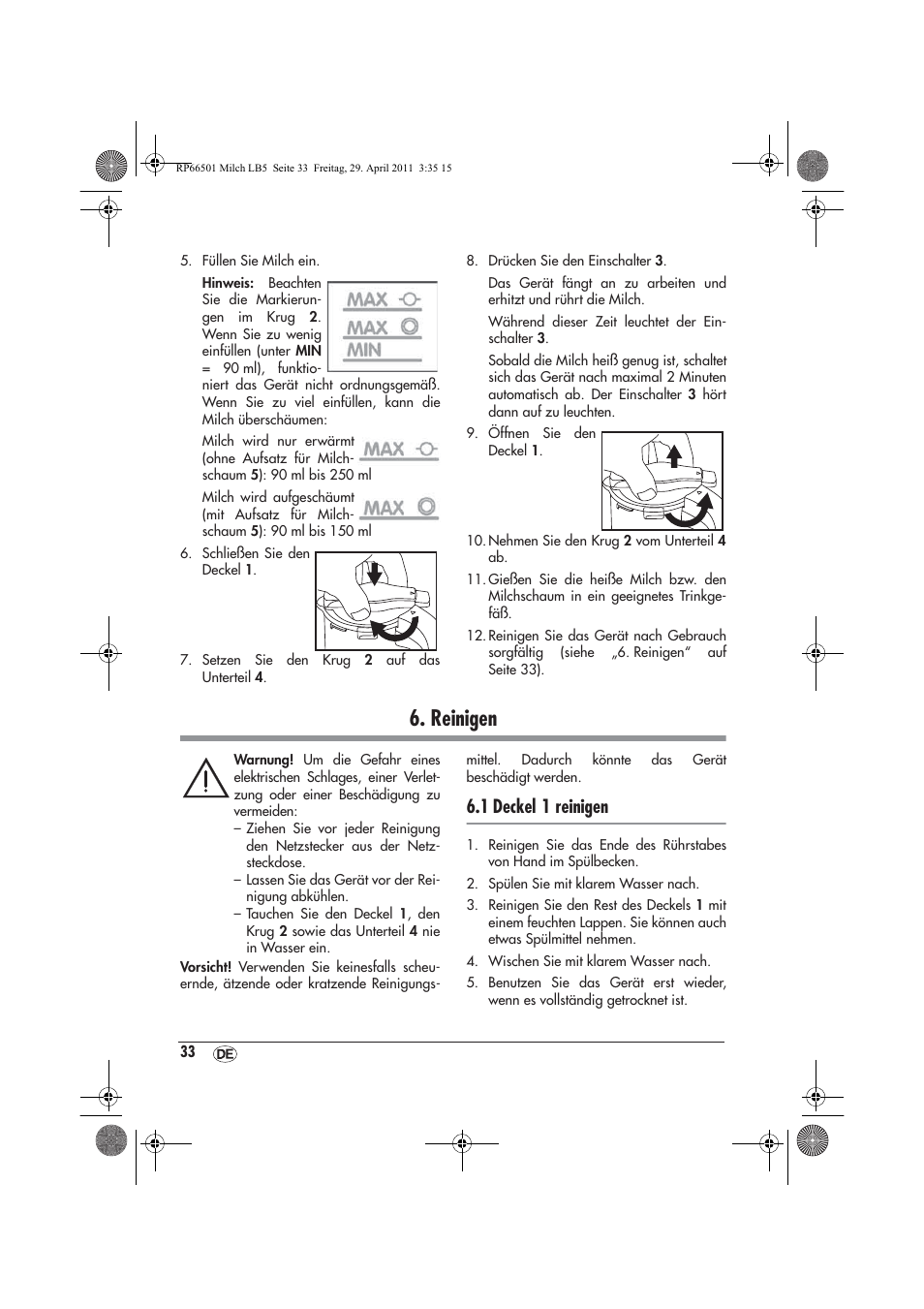 Reinigen, 1 deckel 1 | Silvercrest SMA 360 A1 User Manual | Page 35 / 38