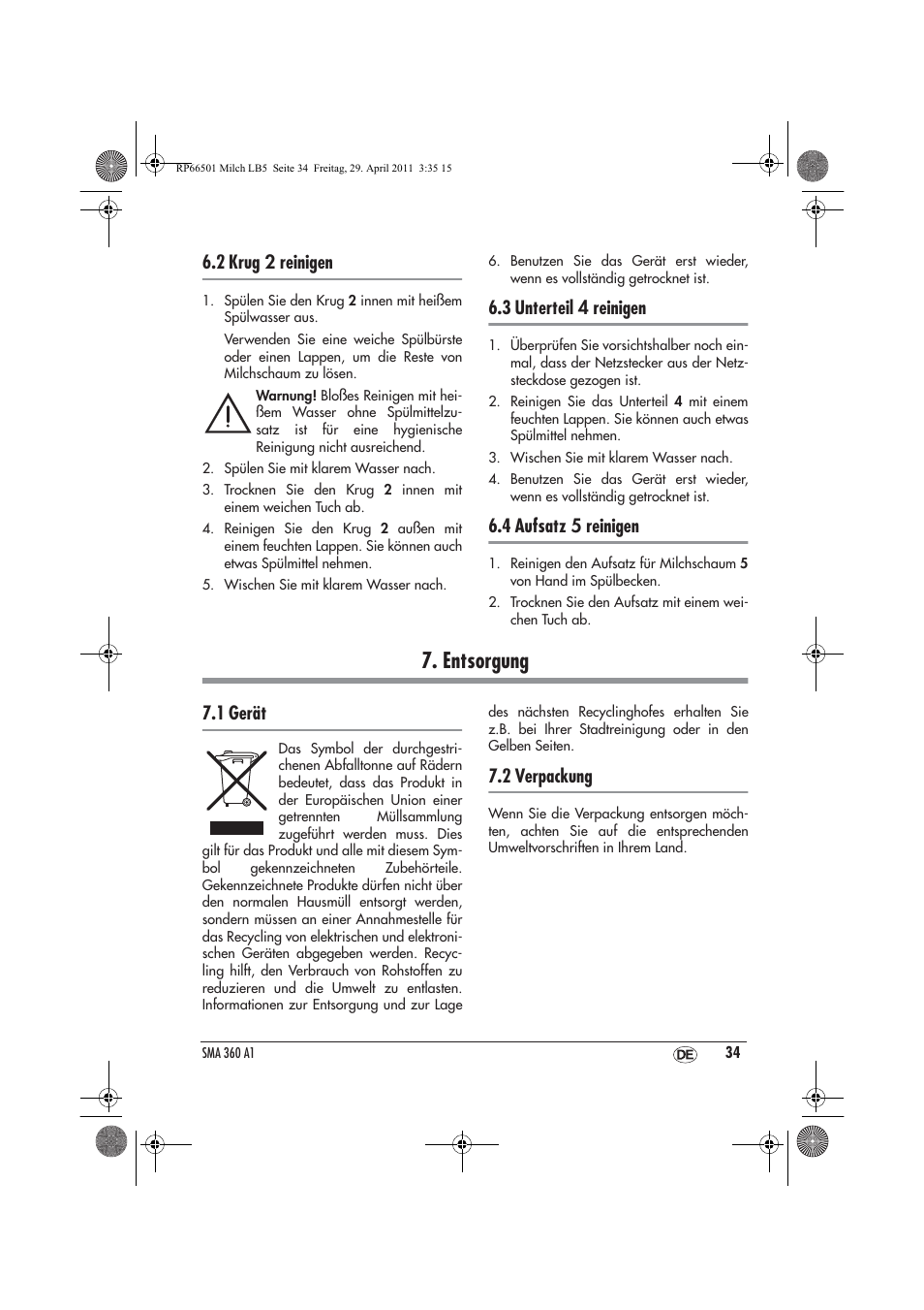 Entsorgung, 2 krug 2 reinigen, 3 unterteil 4 reinigen | 4 aufsatz 5 reinigen, 1 gerät, 2 verpackung | Silvercrest SMA 360 A1 User Manual | Page 36 / 38