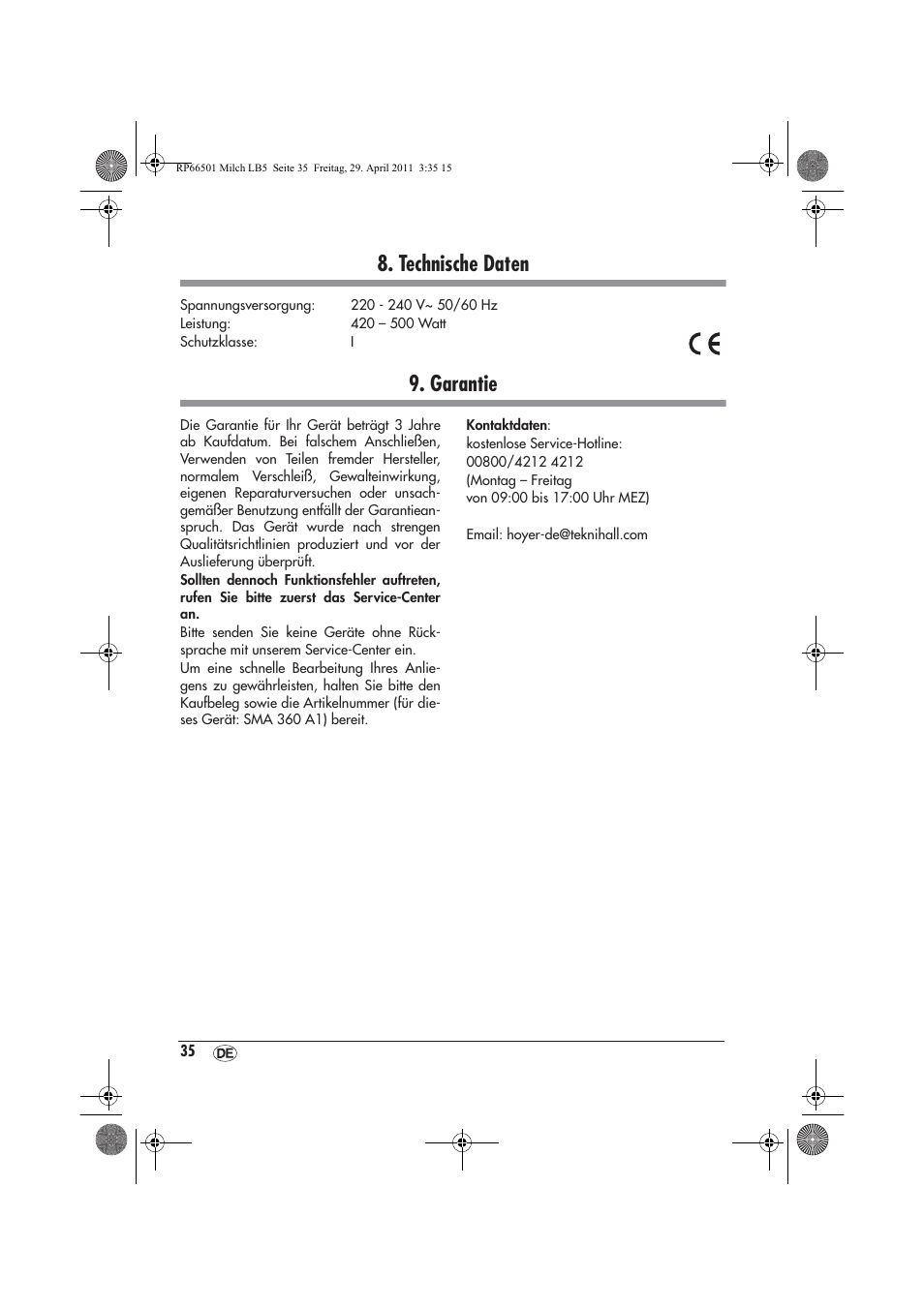 Technische daten, Garantie | Silvercrest SMA 360 A1 User Manual | Page 37 / 38