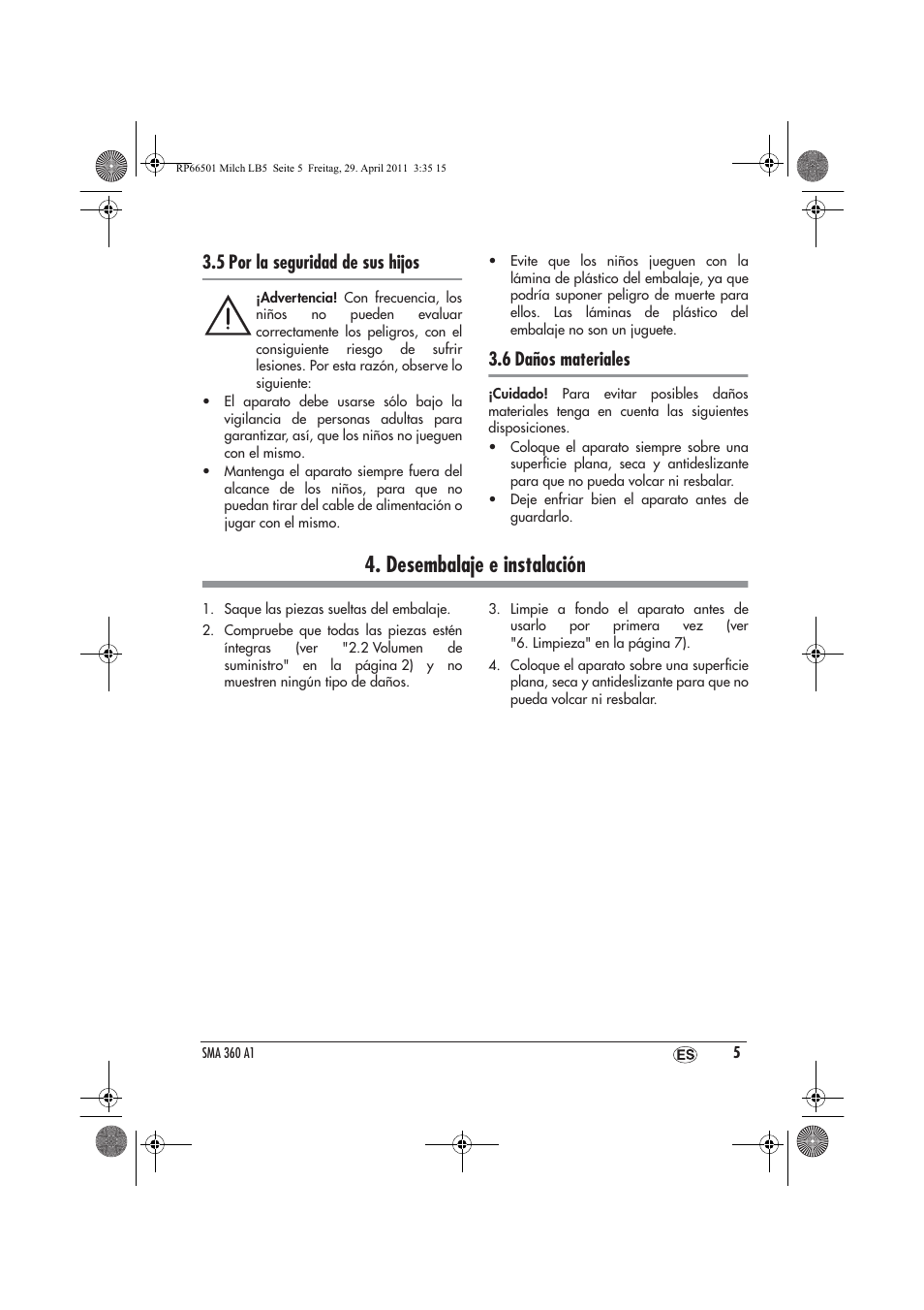 Desembalaje e instalación, 5 por la seguridad de sus hijos, 6 daños materiales | Silvercrest SMA 360 A1 User Manual | Page 7 / 38