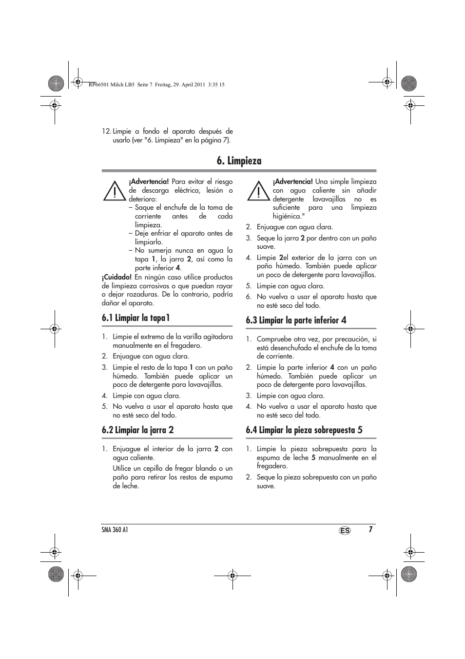 Limpieza, 1 limpiar la tapa 1, 2 limpiar la jarra 2 | 3 limpiar la parte inferior 4, 4 limpiar la pieza sobrepuesta 5 | Silvercrest SMA 360 A1 User Manual | Page 9 / 38