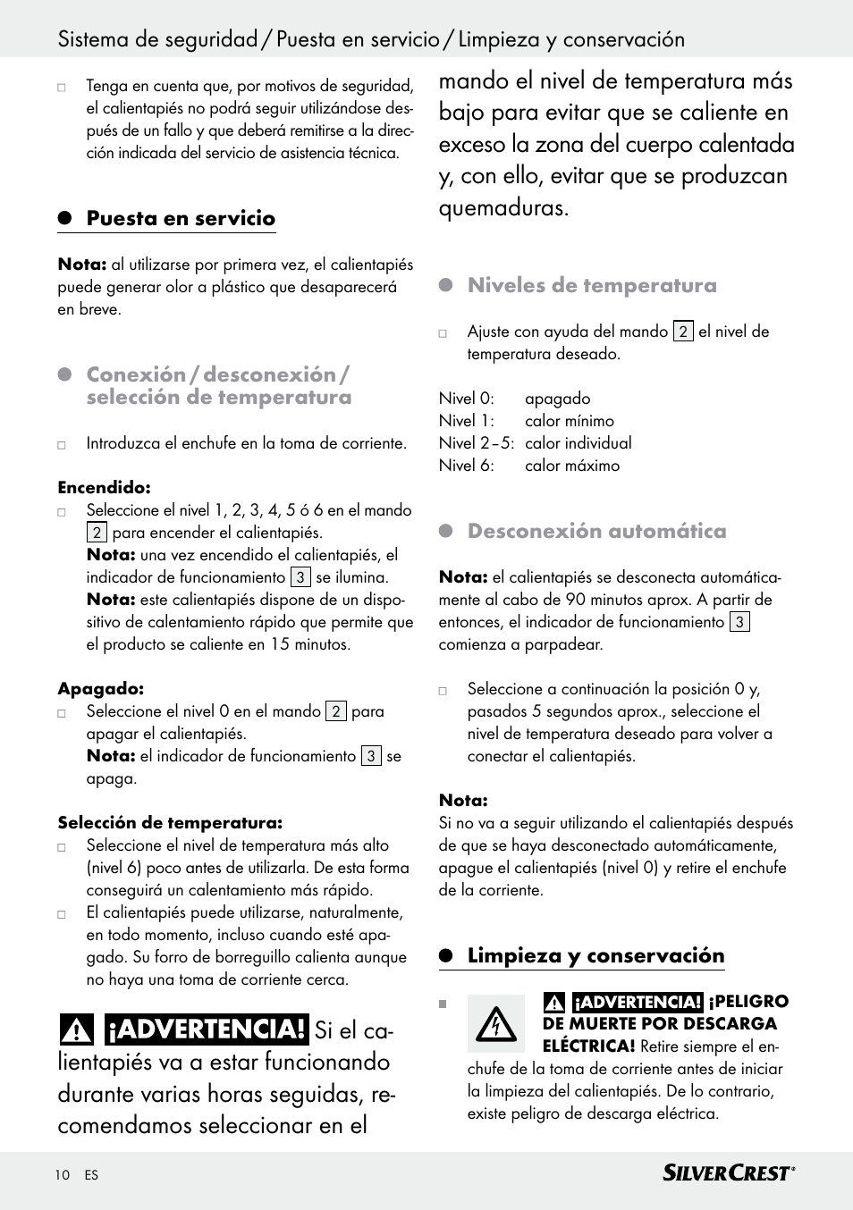 Puesta en servicio, Conexión / desconexión / selección de temperatura, Niveles de temperatura | Desconexión automática, Limpieza y conservación | Silvercrest SFW 100 B2 User Manual | Page 10 / 45