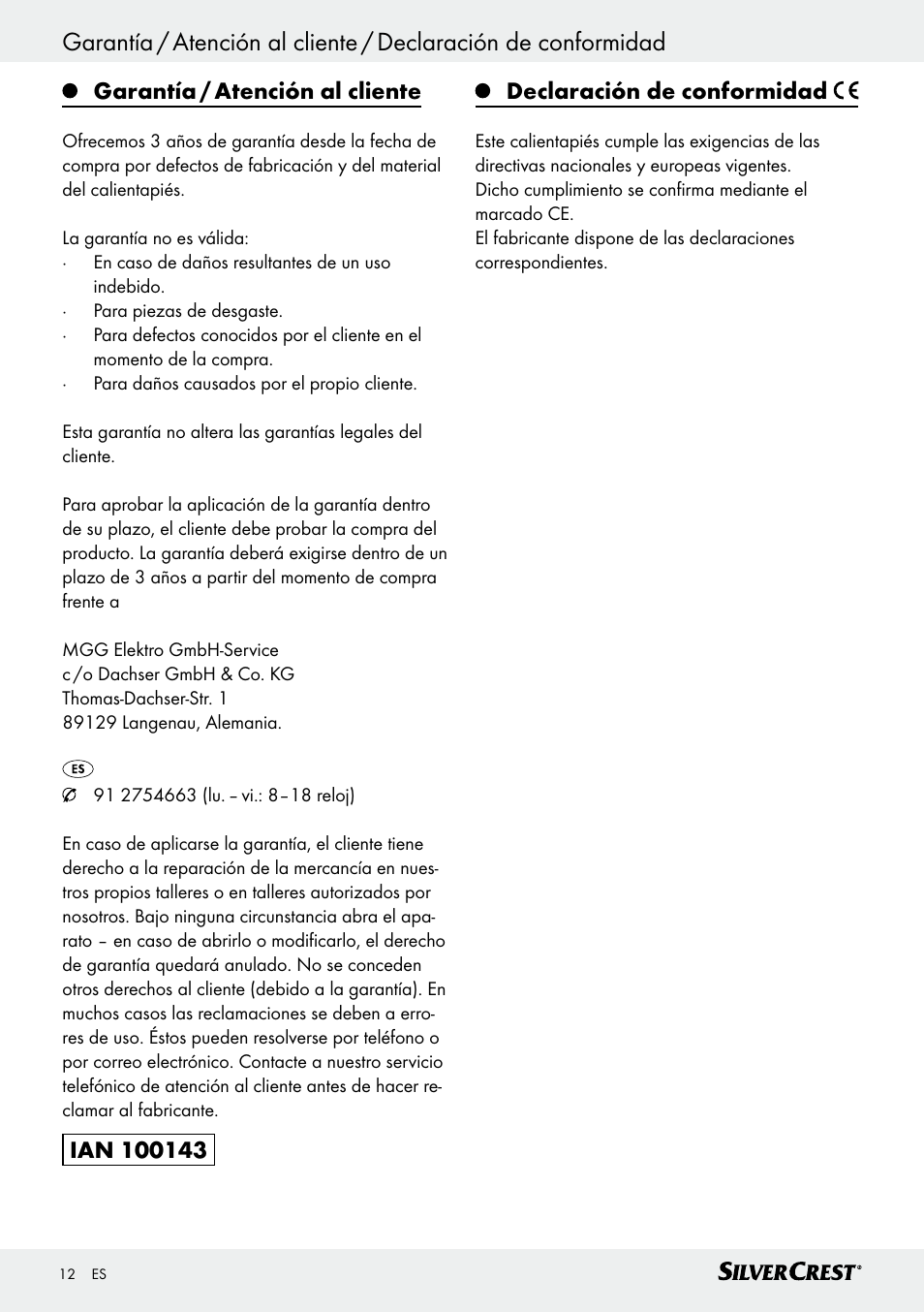 Garantía / atención al cliente | Silvercrest SFW 100 B2 User Manual | Page 12 / 45