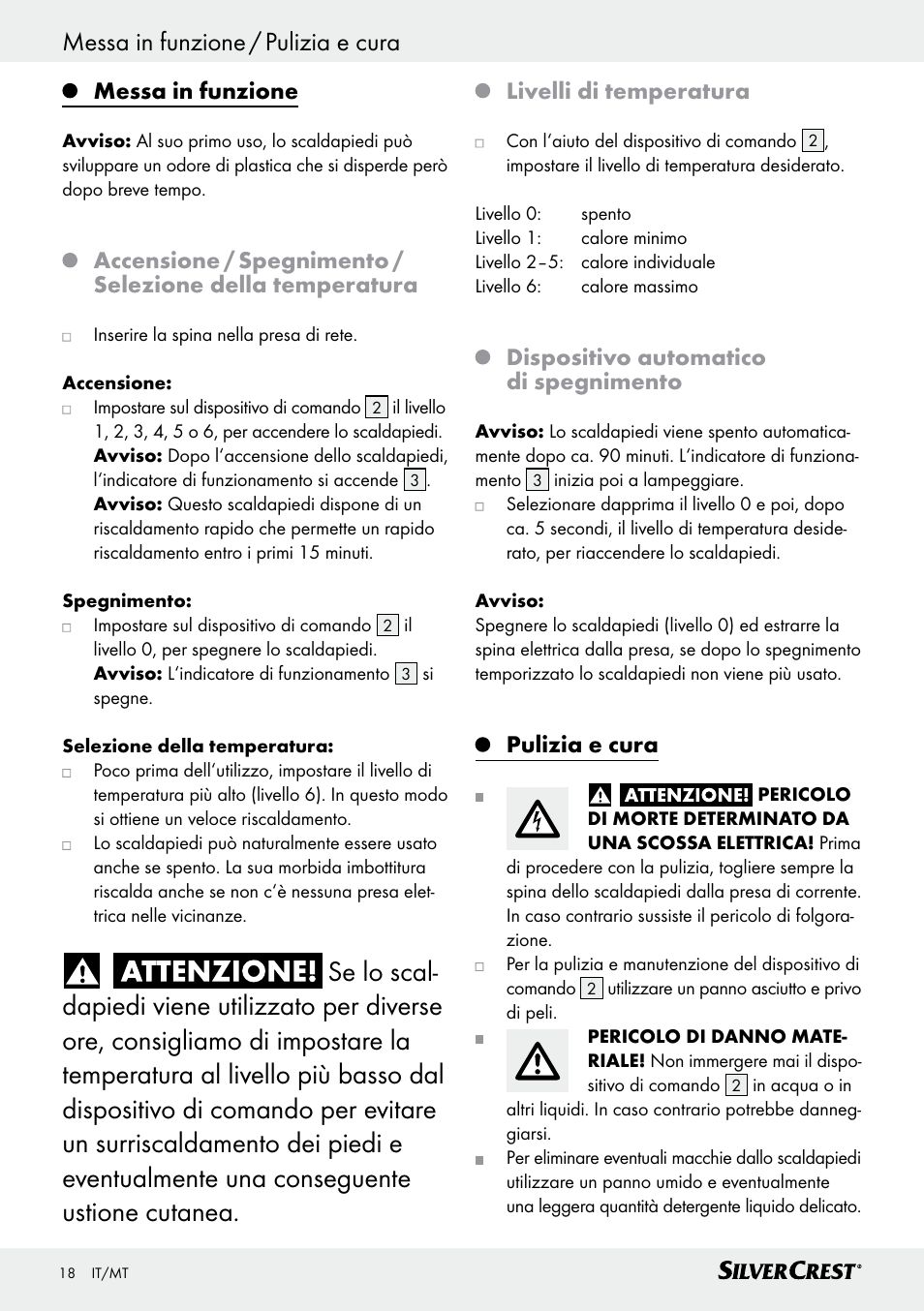 Messa in funzione / pulizia e cura, Messa in funzione, Livelli di temperatura | Dispositivo automatico di spegnimento, Pulizia e cura | Silvercrest SFW 100 B2 User Manual | Page 18 / 45