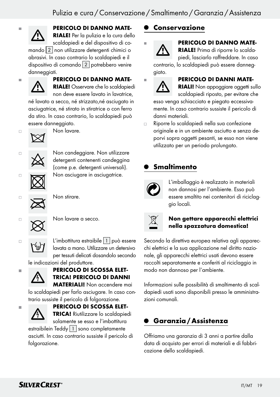 Conservazione, Smaltimento, Garanzia / assistenza | Silvercrest SFW 100 B2 User Manual | Page 19 / 45