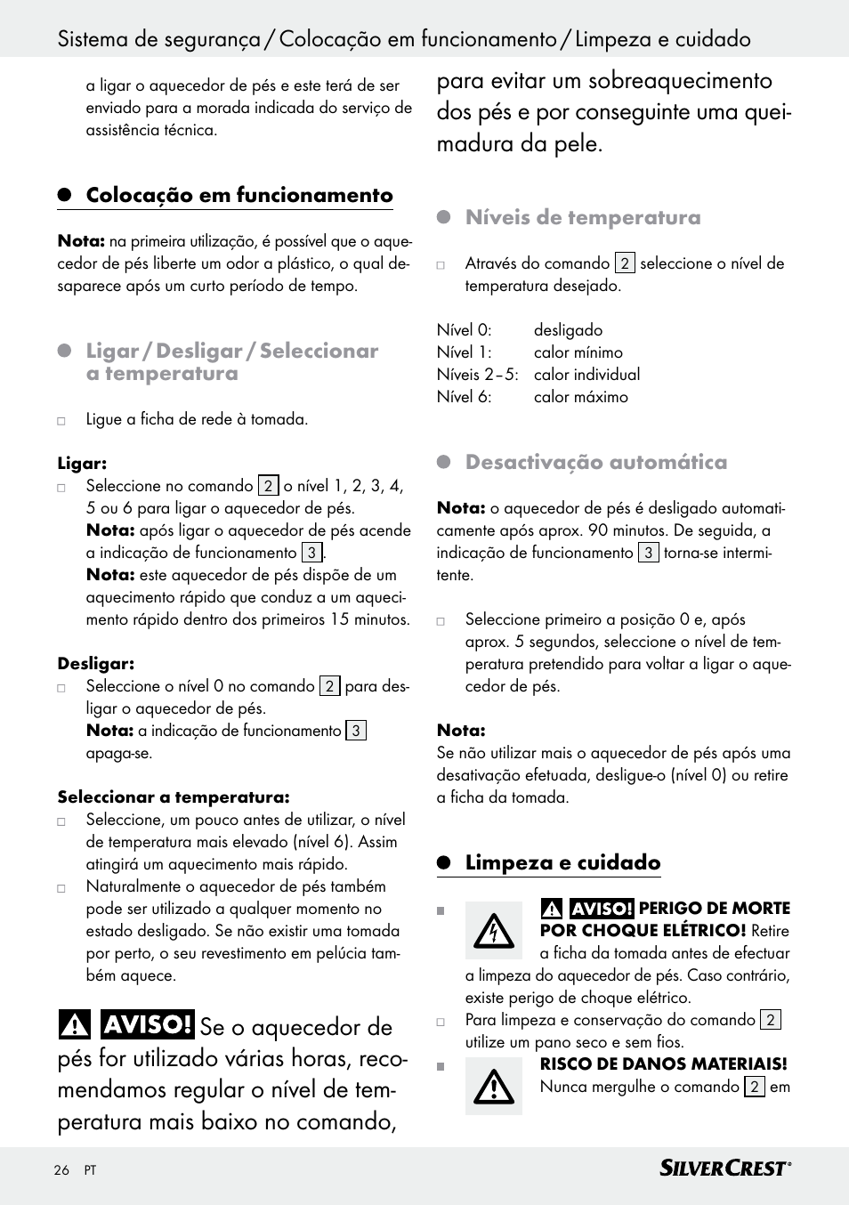 Limpeza e cuidado / armazenamento / eliminação, Colocação em funcionamento, Ligar / desligar / seleccionar a temperatura | Níveis de temperatura, Desactivação automática, Limpeza e cuidado | Silvercrest SFW 100 B2 User Manual | Page 26 / 45