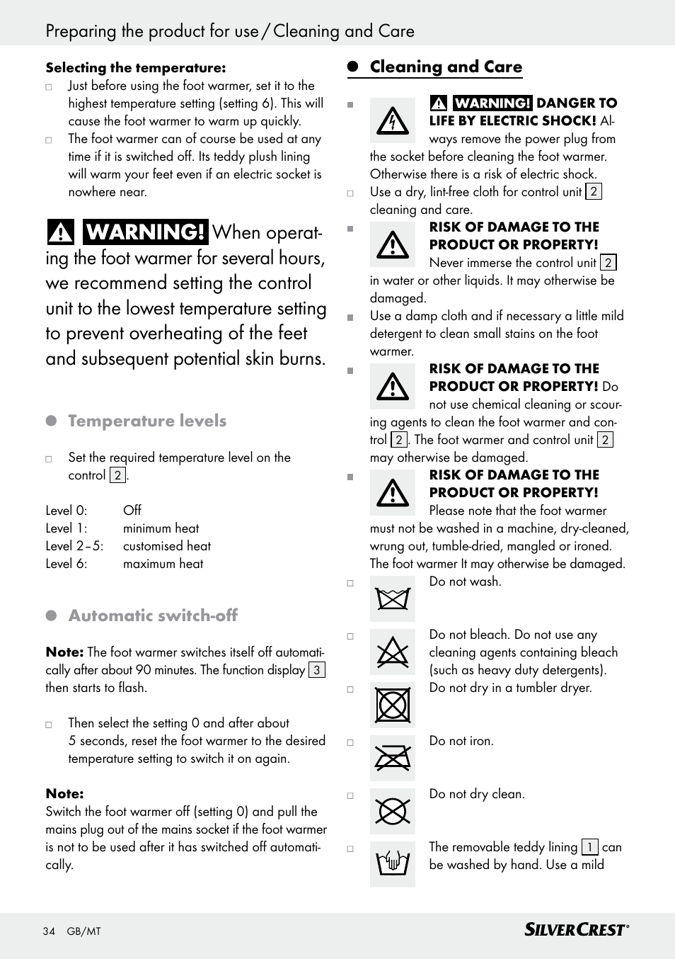 Preparing the product for use / cleaning and care, Temperature levels, Automatic switch­off | Cleaning and care | Silvercrest SFW 100 B2 User Manual | Page 34 / 45