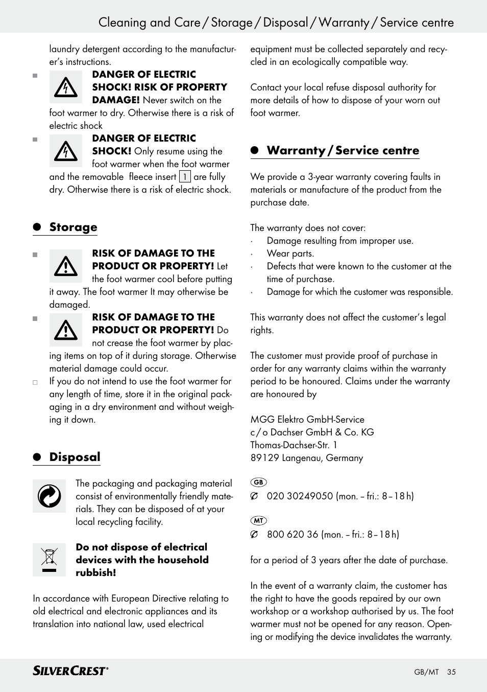 Storage, Disposal, Warranty / service centre | Silvercrest SFW 100 B2 User Manual | Page 35 / 45