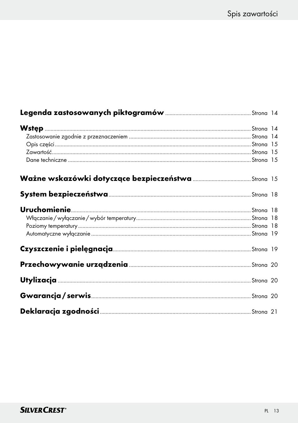 Spis zawartości | Silvercrest SFW 100 B2 User Manual | Page 13 / 65