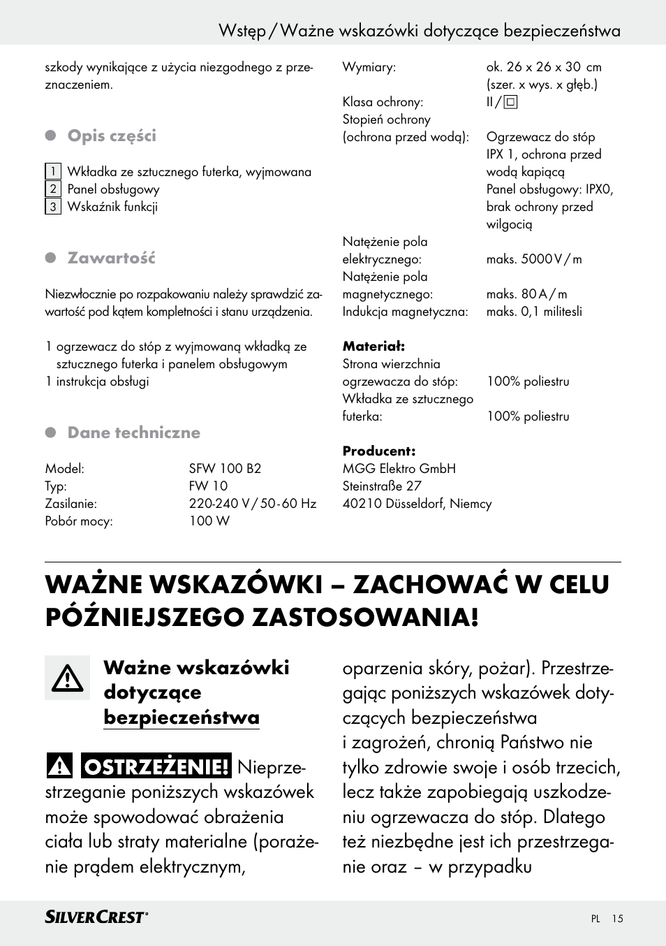 Wstęp / ważne wskazówki dotyczące bezpieczeństwa | Silvercrest SFW 100 B2 User Manual | Page 15 / 65