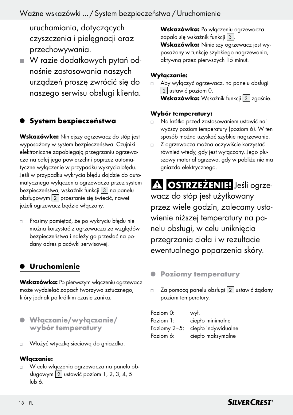 System bezpieczeństwa, Uruchomienie, Włączanie/wyłączanie/ wybór temperatury | Poziomy temperatury | Silvercrest SFW 100 B2 User Manual | Page 18 / 65