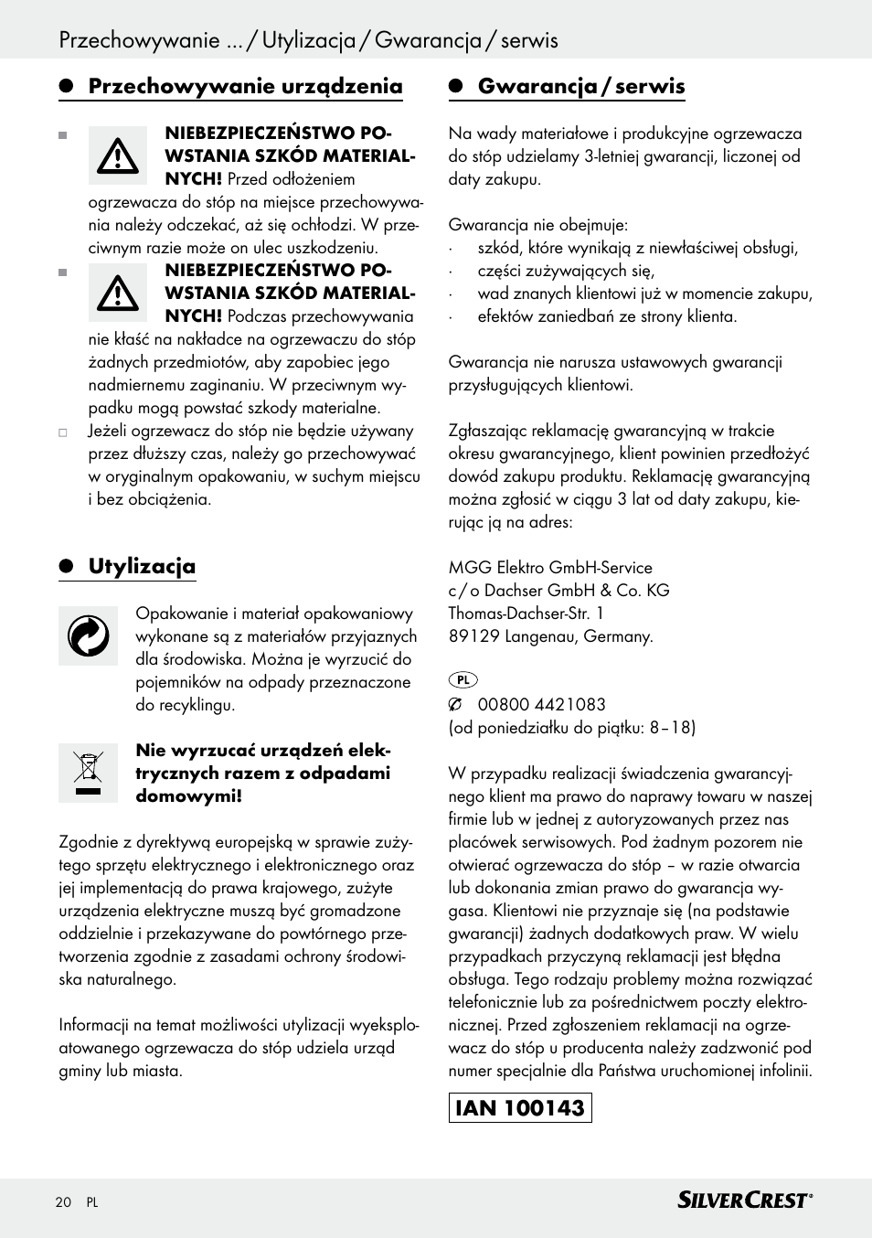 Przechowywanie urządzenia, Utylizacja, Gwarancja / serwis | Silvercrest SFW 100 B2 User Manual | Page 20 / 65