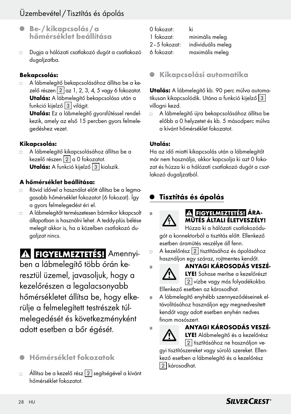 Be- / kikapcsolás / a hőmérséklet beállítása, Hőmérséklet fokozatok, Kikapcsolási automatika | Tisztítás és ápolás | Silvercrest SFW 100 B2 User Manual | Page 28 / 65