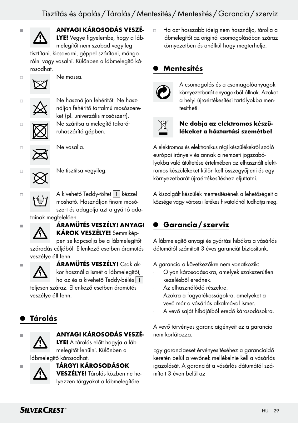 Üzembevétel / tisztítás és ápolás, Tárolás, Mentesítés | Garancia / szerviz | Silvercrest SFW 100 B2 User Manual | Page 29 / 65