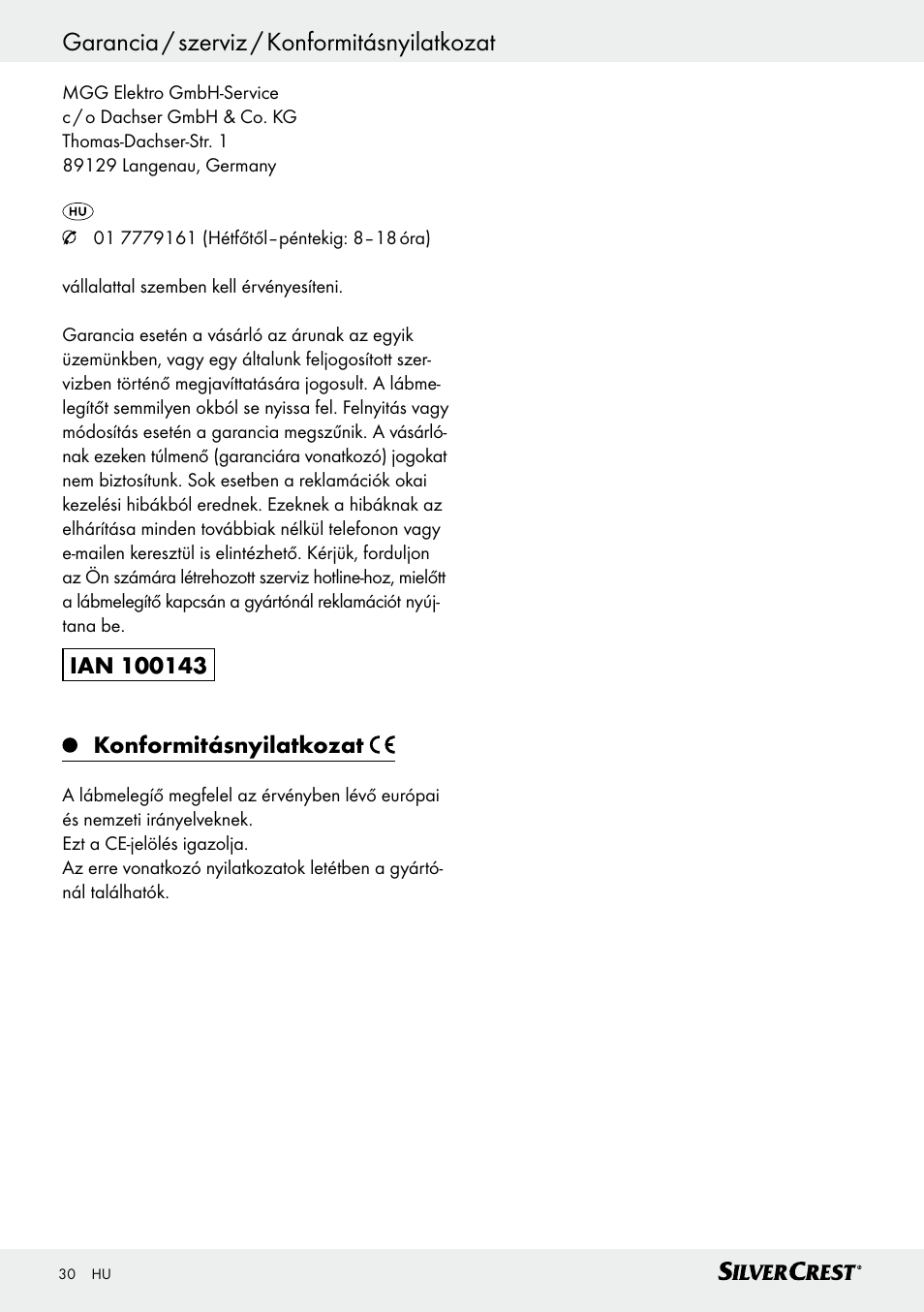 Garancia / szerviz / konformitásnyilatkozat | Silvercrest SFW 100 B2 User Manual | Page 30 / 65